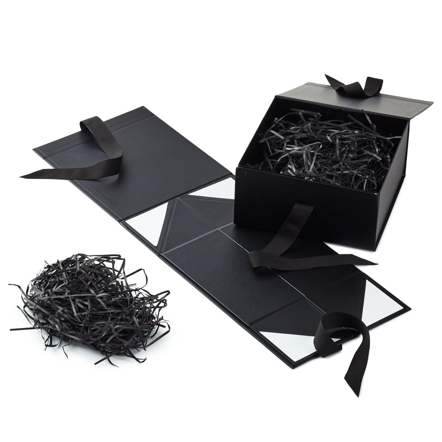 Medium Gift Boxes with Bow and Shredded Paper Fill, Pack of 2 (Black 8 inch Box) for Weddings, Graduations, Birthdays, Father's Day, Groomsmen Gifts, All Occasion