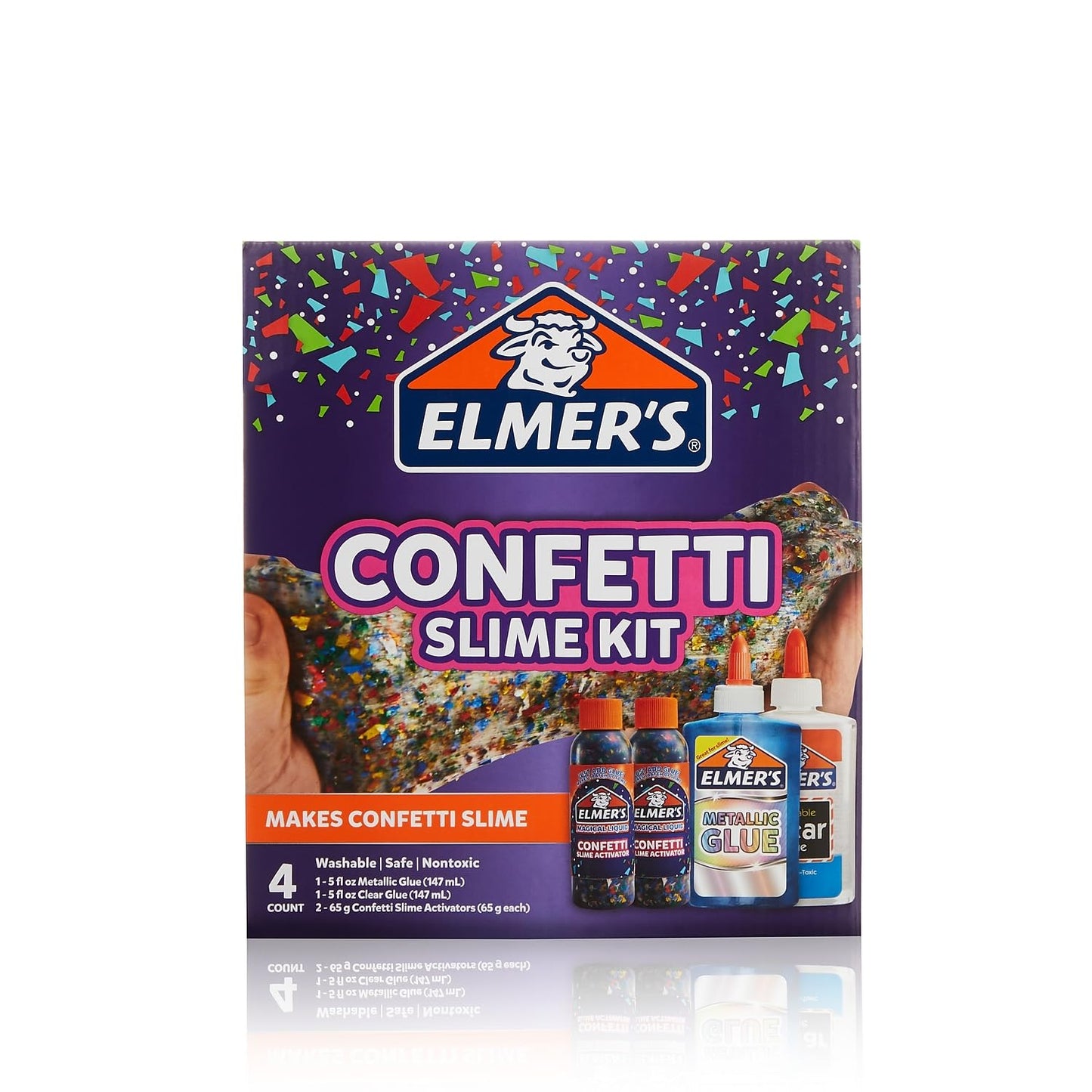 Elmer’s Confetti Slime Kit, Slime Supplies Include Metallic Glue, Clear Glue, Confetti Magical Liquid Activator, 4 Count - Perfect for Parties, Gift, Kids Activity Time