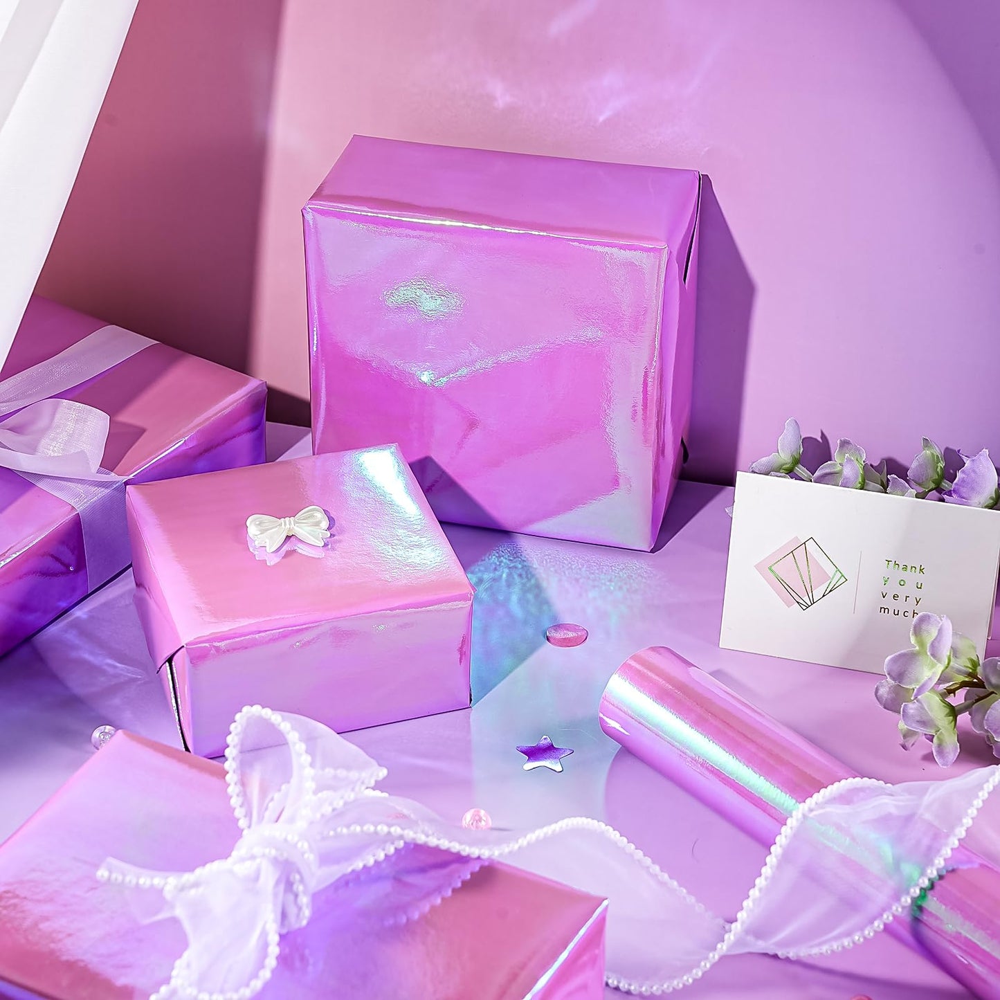 Hot Pink Wrapping Paper - Mini Roll - 17 inch x 16.5 feet - Holographic Iridescent Wrapping Paper for Birthday, Wedding, Baby Shower, Bridal Shower, Valentine's Day, Mother's Day