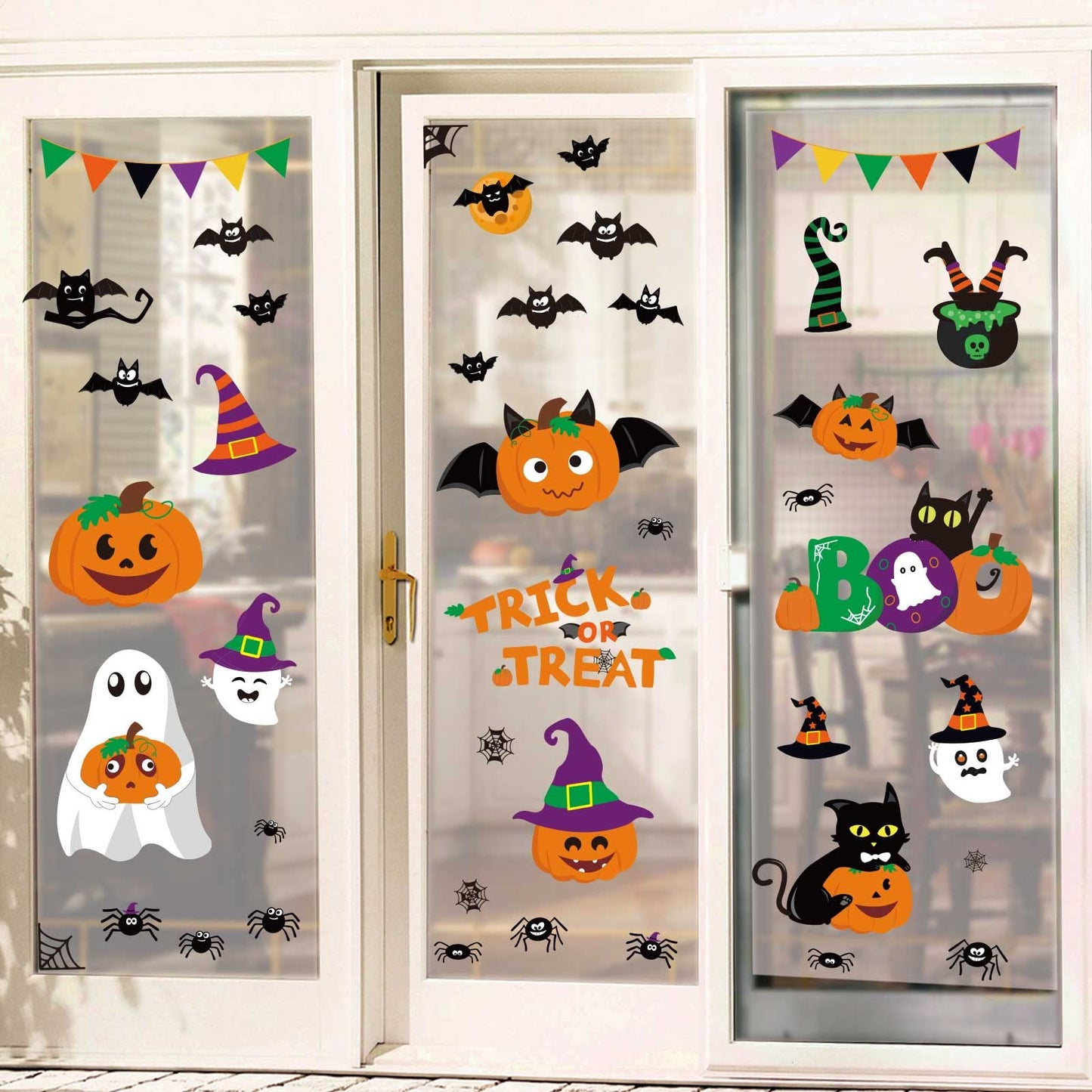 Ivenf Halloween Decorations Indoor Window Clings Decor, Large Cute Pumpkin Ghost Black Cat Bat Trick or Treat Window Decals for Glass Windows, Kids School Home Office Party Window Stickers, 4 Sheets