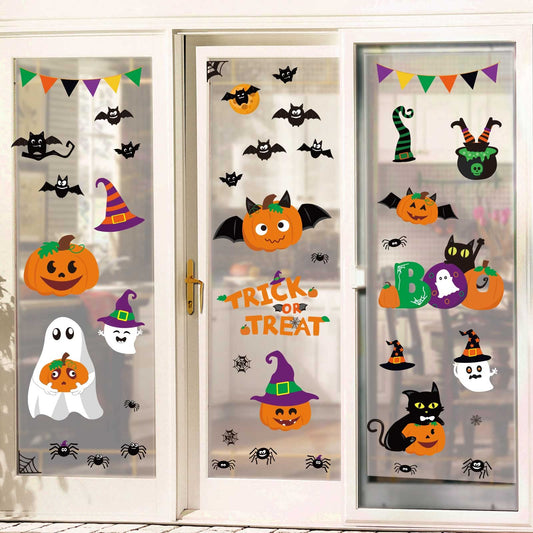 Ivenf Halloween Decorations Indoor Window Clings Decor, Large Cute Pumpkin Ghost Black Cat Bat Trick or Treat Window Decals for Glass Windows, Kids School Home Office Party Window Stickers, 4 Sheets