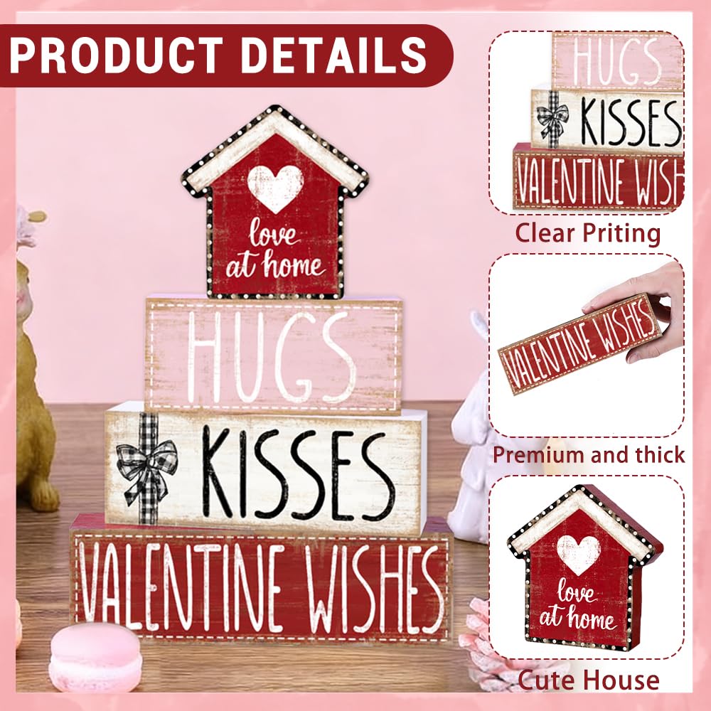 4Pcs Valentine's Day Table Decoration Valentine House Wooden Block Signs Rustic Valentine Tiered Tray Decor Valentines Day Centerpiece Sign for Farmhouse Holiday Tabletop Home Party Decor