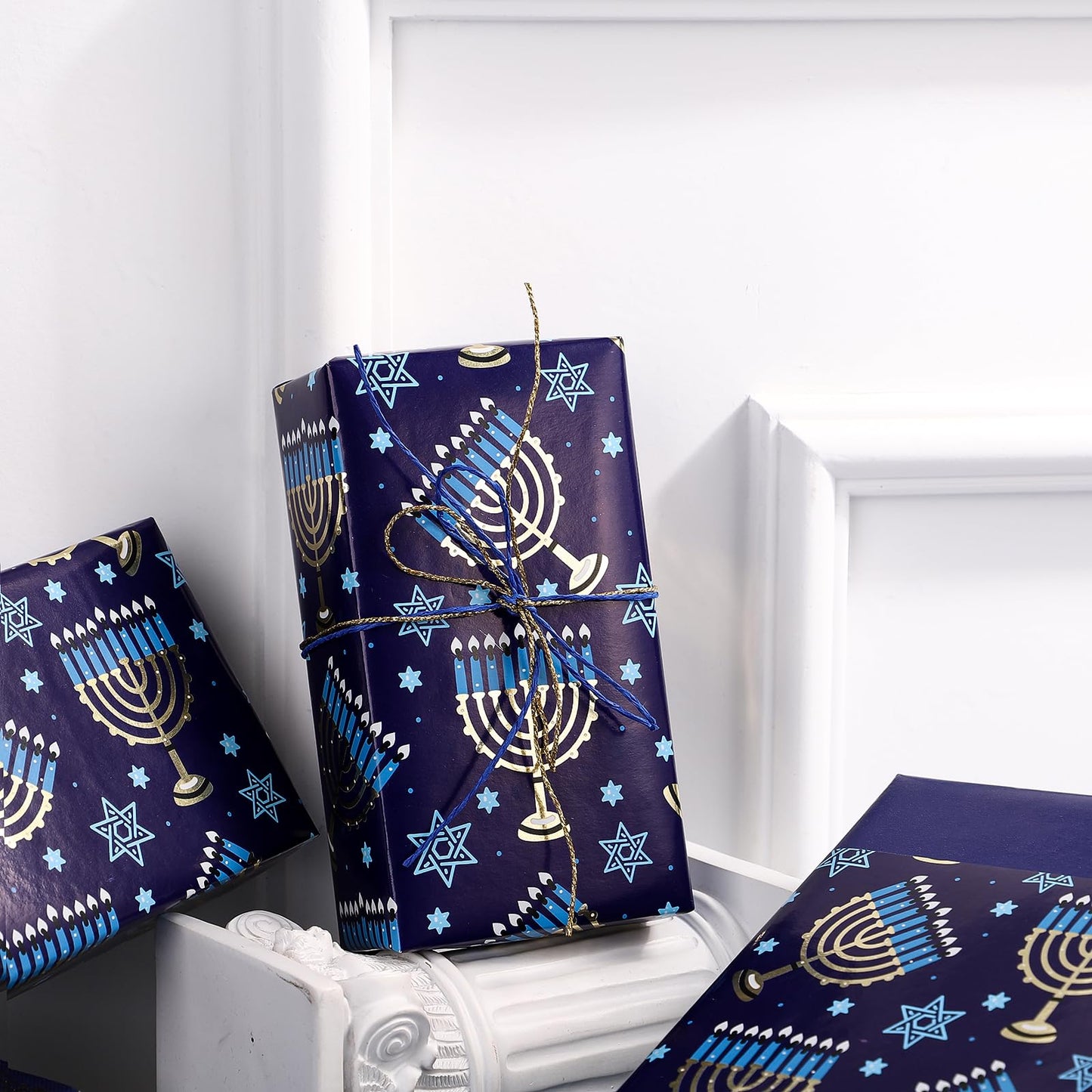 Reversible Hanukkah Wrapping Paper - Mini Roll - 17 Inch x 33 Feet - Blue Menorah Lights Chanukah Wrapping Paper Perfect for Hanukkah, Chanukah, Holiday