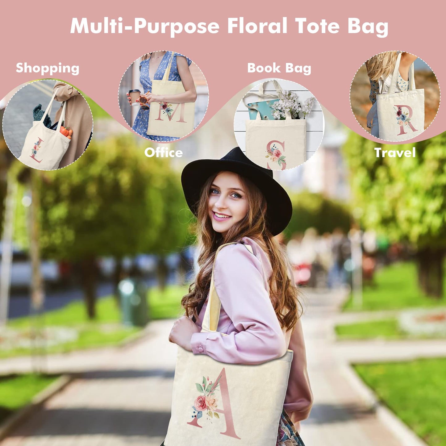 Binggemen Initial Canvas Tote Bag with Zipper Pockets,Personalized Totes for Women Bridesmaids Teacher,Cosmetic Makeup Bag,Monogrammed Gifts for Wedding Birthday (Letter A)