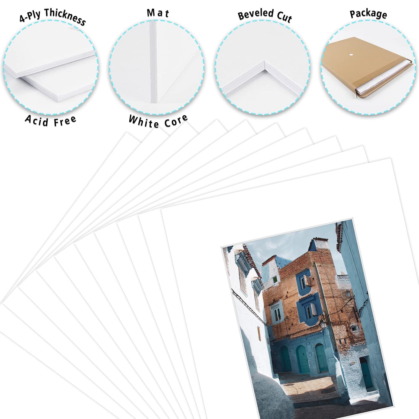 Golden State Art Pack of 50, Acid-Free White Pre-Cut 8x10 Picture Mat for 5x7 Photo with White Core Bevel Cut Frame Mattes