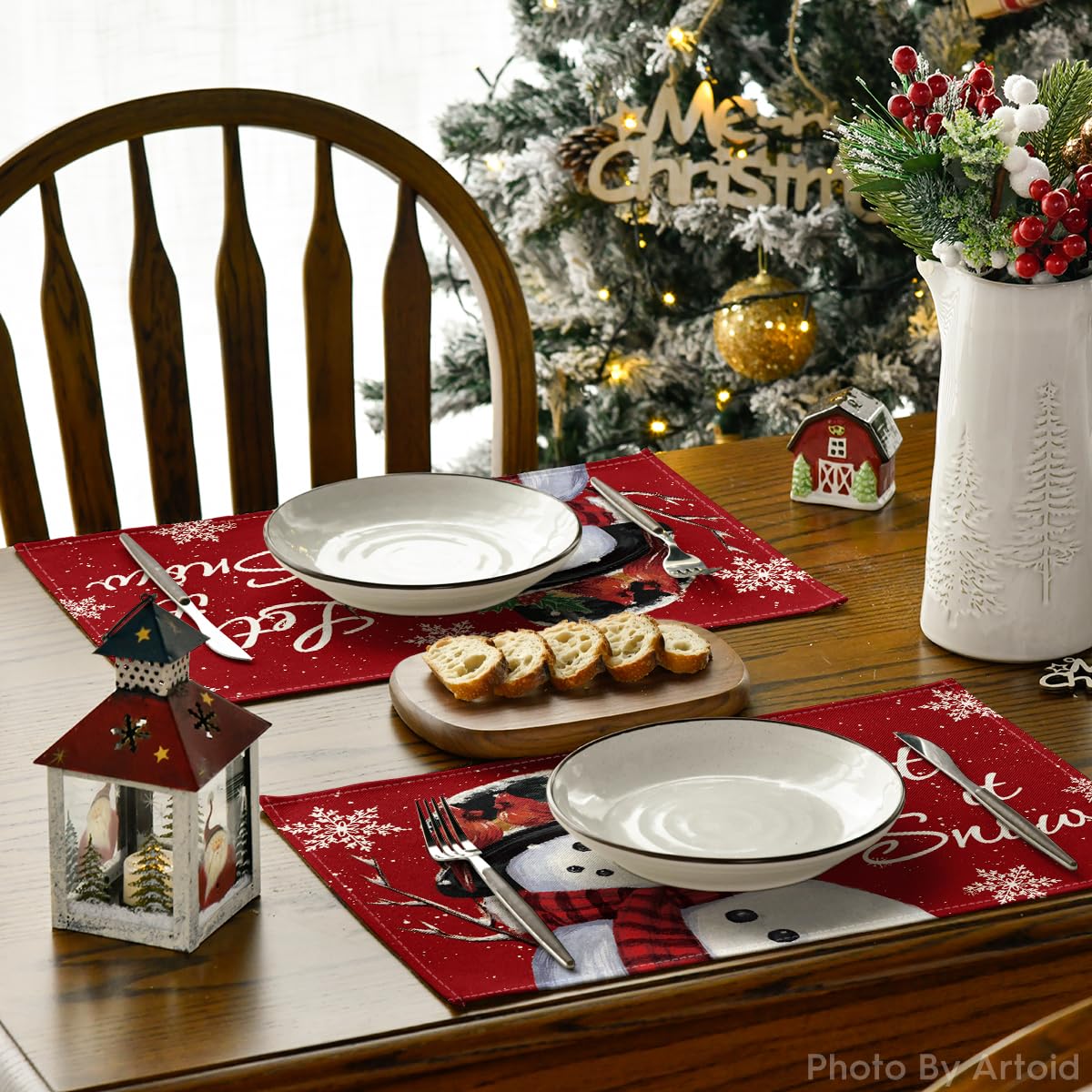 Red Snowman Let It Snow Winter Placemats Set of 4, 12x18 Inch Seasonal Christmas Holiday Table Mats for Party Kitchen Dining Decoration