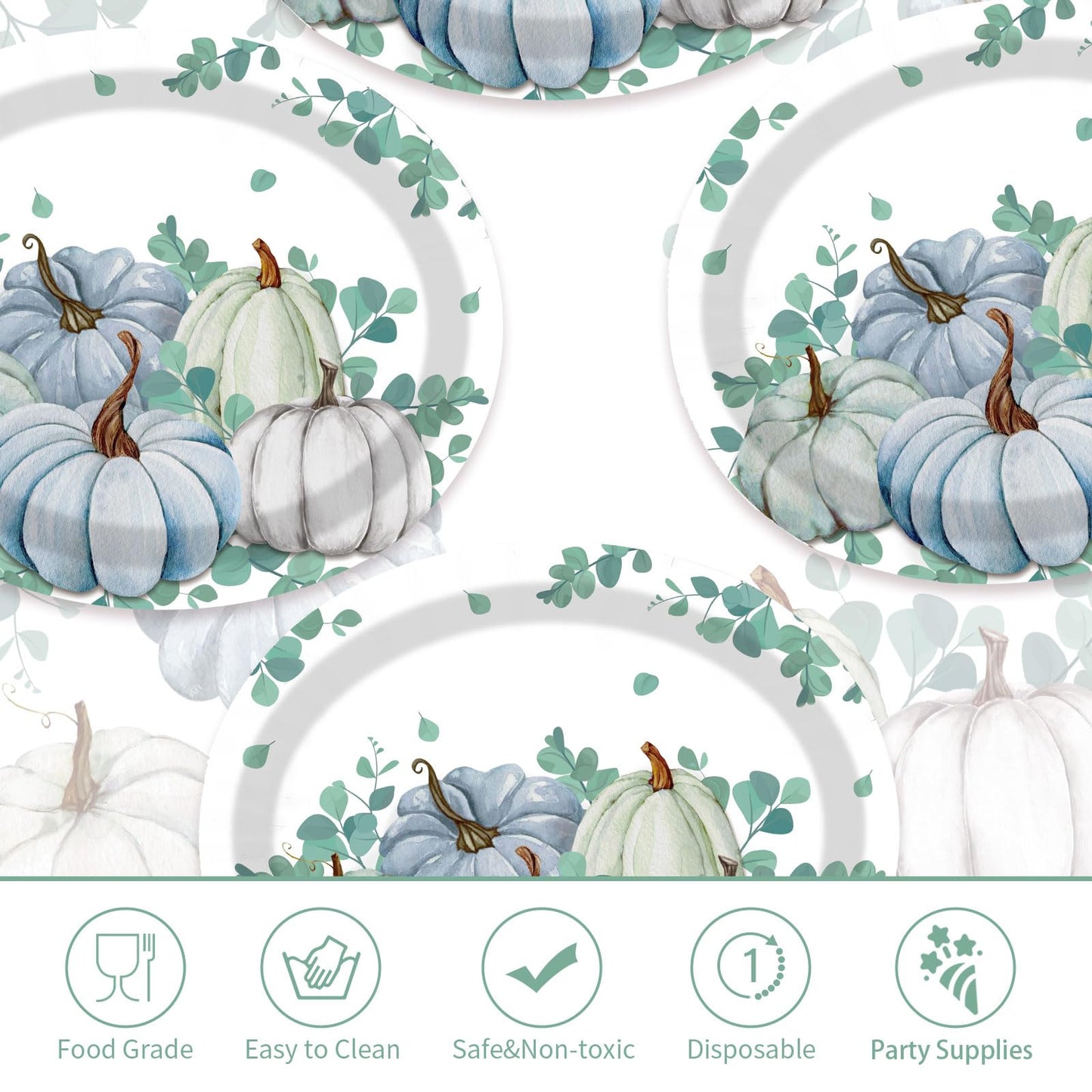 50Pcs Fall Oval Paper Plates Thanksgiving Plates Large 10" X 12" Disposable 400GSM Blue and White Pumpkin Plate for Little Pumpkin Baby Shower Fall Harvest Party Thanksgiving Party Decorations