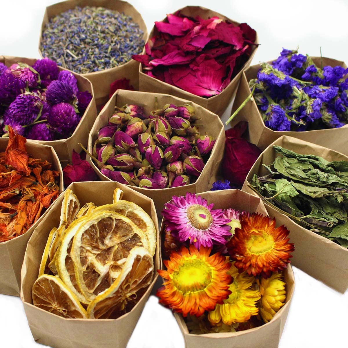 9 Bags Set Dried Flowers - Candle Making Soap Making DIY Candel Natural Flowers-Lemon,Lily,Don't Forget Me,Lavender,Mint Leaf,Rose Petal, Red Rose,Globe Amaranth,Chrysanthemum.
