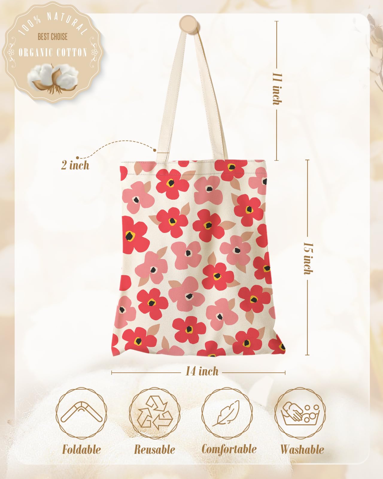 Miss Adola Aesthetic Canvas Tote Bag with Inner Pocket for Women, Cloth Cotton Totes Bag with Pattern for Shopping, Gym, PK Flower