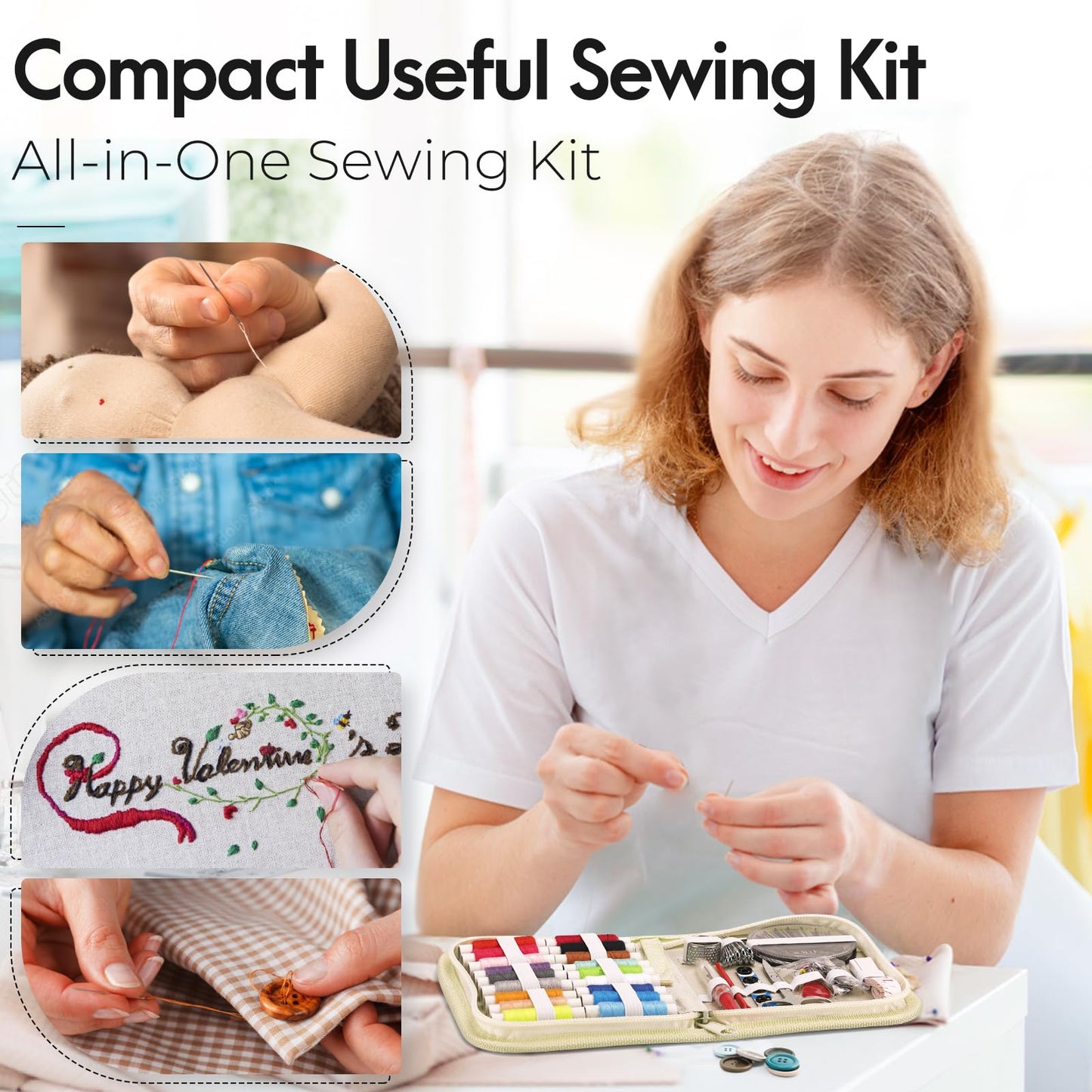 Coquimbo Sewing Kit for Adults, Kids, Beginner, Traveler, Portable Sewing Supplies Contains Soft Tape Measure, Scissors, Thimble, Thread, Sewing Needles (Beige, M)