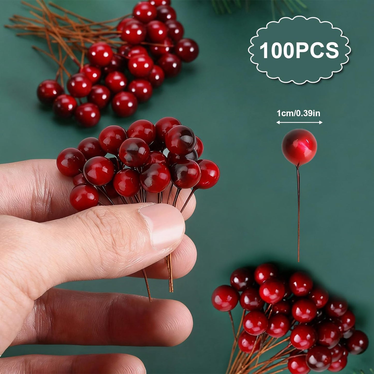 BBTO 100 Pack Artificial Holly Berries Mini 10 mm Christmas Fake Berries Stems Crafts Faux on Wire for Christmas Tree Decoration Flower Branches Ornament Wreath DIY Winter Home(Wine Red)