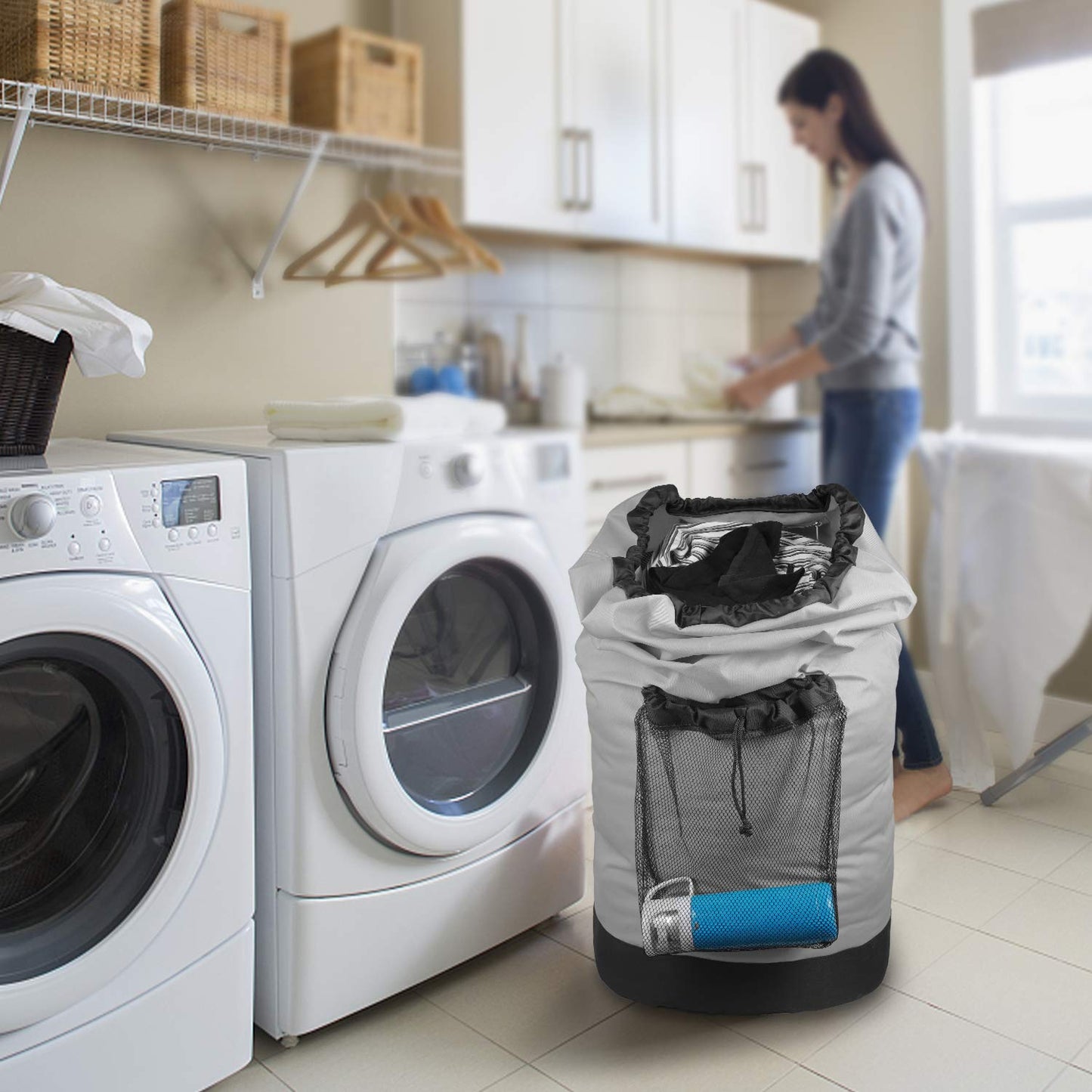 Backpack Laundry Bag, Laundry Backpack with Shoulder Straps and Mesh Pocket Durable Nylon Clothes Hamper Bag with Drawstring Closure for College, Travel, Laundromat, Apartment