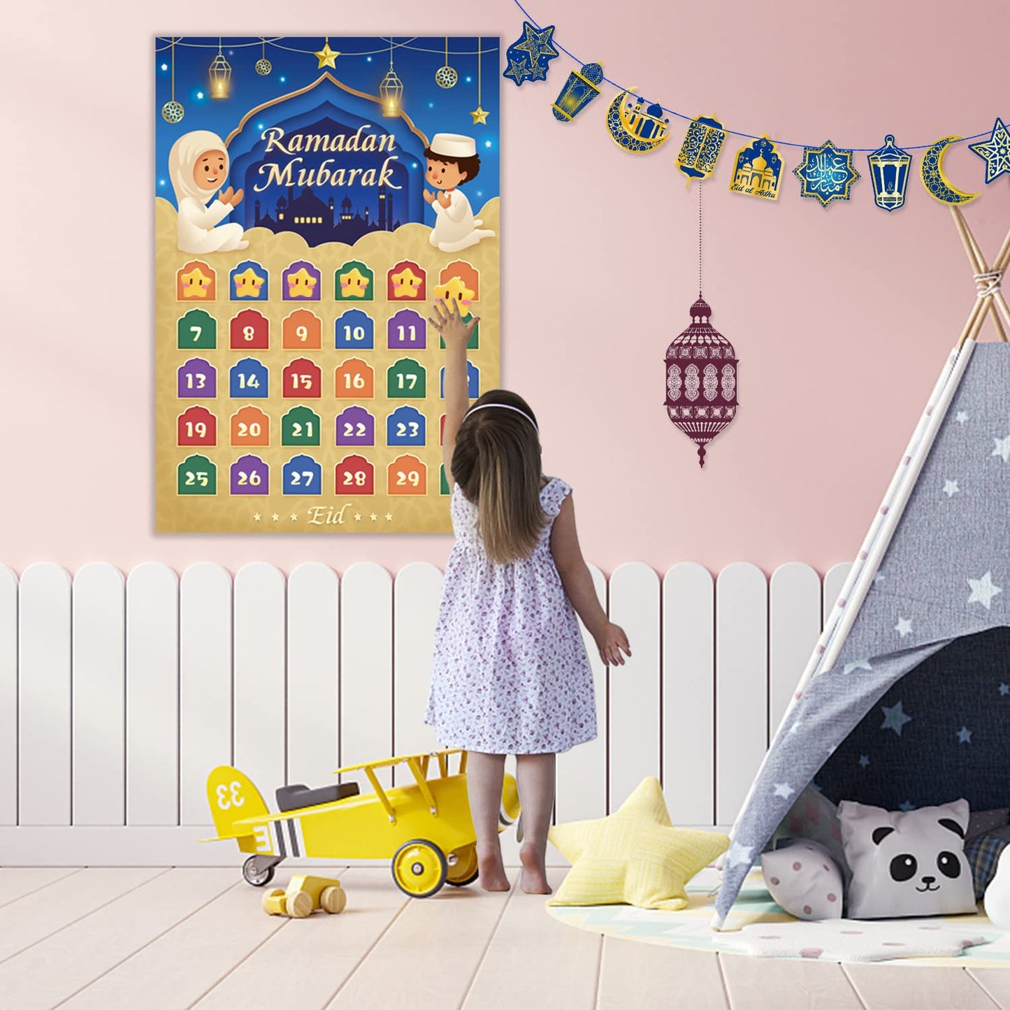 AhfuLife Ramadan Eid Mubarak Countdown Calendar Decoration for Kids, 2025 Eid Mubarak Gift Decorations, 30 Days and 30 Reusable Stars Eid Countdown Poster Wallchart for Home Kids Gift