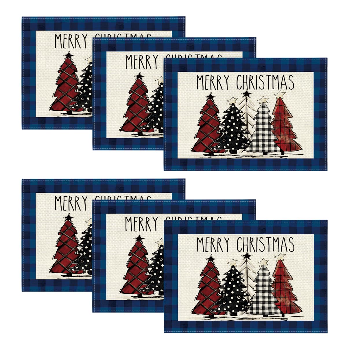 Artoid Mode Blue Waterclor Buffalo Plaid Christmas Trees Placemats Set of 6, 12x18 Inch Winter Table Mats for Outdoor Home Party Kitchen Dining Decor