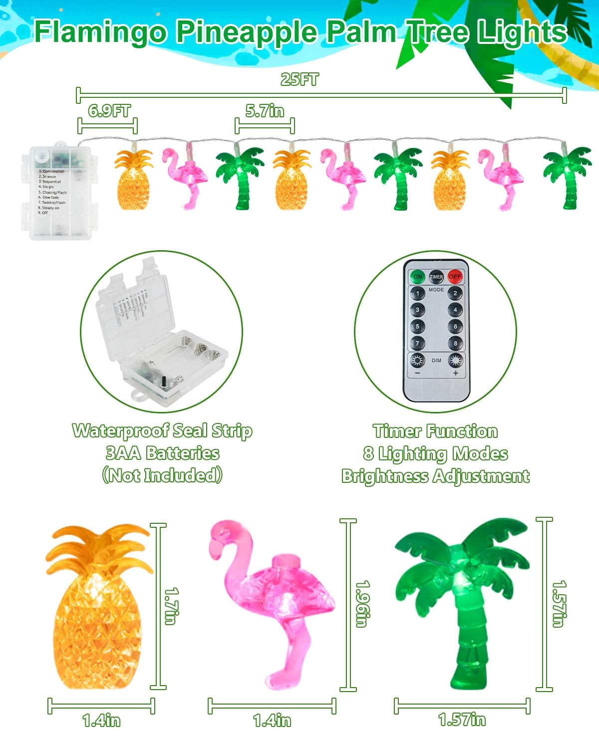 50 LED 25ft Summer Hawaiian Beach String Lights Outdoor with Remote, Flamingo Pineapple Palm Tree Fairy Twinkle Lights Battery Operated with 8 Modes & Timer for Tropical Party Beach Pool Decorations
