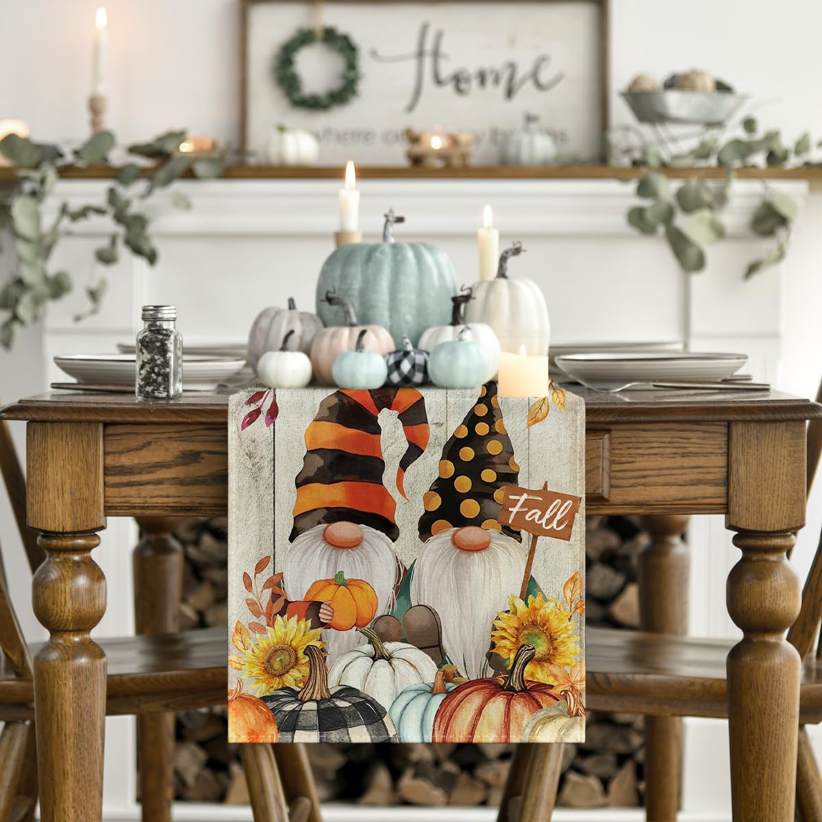 Wood Gnomes Pumpkins Sunflower Leaves Fall Table Runner, Seasonal Autumn Kitchen Dining Table Decoration for Home Party Decor 13x72 Inch