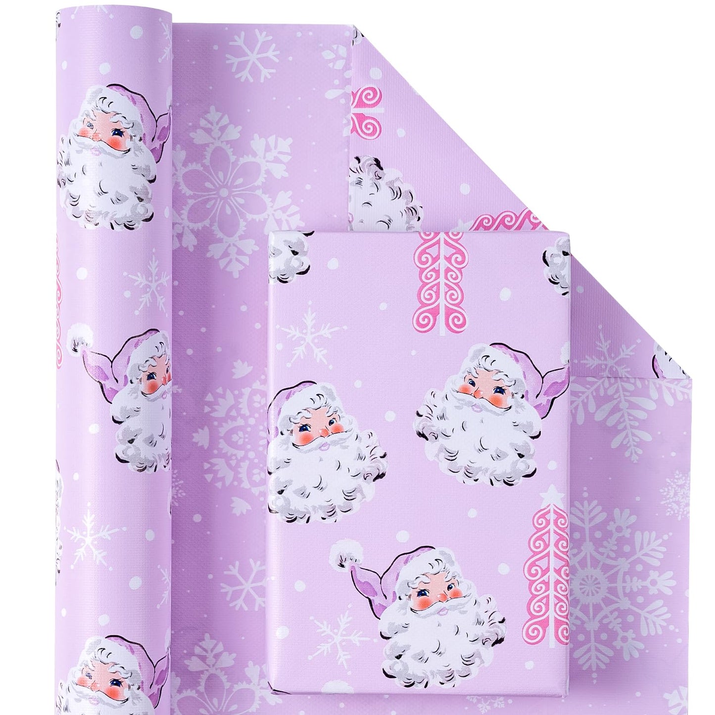WRAPAHOLIC Reversible Christmas Wrapping Paper - Mini Roll - 17 Inch x 33 Feet - Purple Santa Claus and Snowflake with Embossed for Christmas, Holiday, Party Celebration
