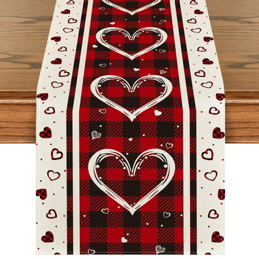 Artoid Mode Buffalo Plaid Love Hearts Valentine's Day Table Runner, Seasonal Kitchen Dining Table Decoration for Indoor Home Party 13x72 Inch