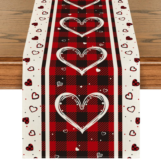 Artoid Mode Buffalo Plaid Love Hearts Valentine's Day Table Runner, Seasonal Kitchen Dining Table Decoration for Indoor Home Party 13x72 Inch