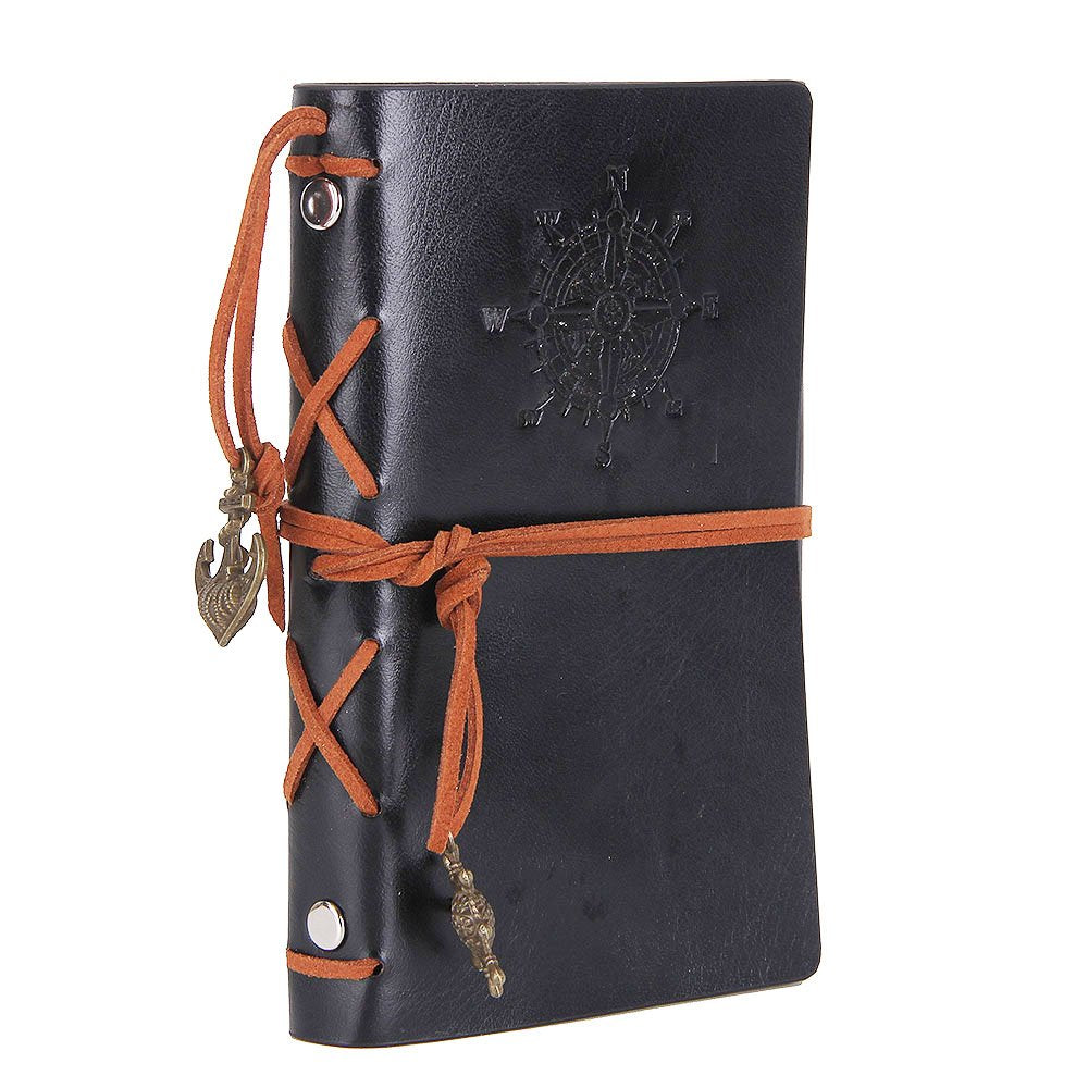 EvZ Black Leather Writing Journal - 5" Refillable Vintage Nautical Notebook with Retro Anchor & Rudder Pendants - Small Spiral Blank Sketchbook for Travel, Business & Art - Classic Embossed Diary, Black