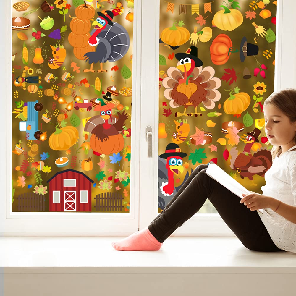DUILE 350pc Thanksgiving Window Clings Fall Window Clings Fall Window Decor for Offices Autumn Window Clings Leaves Home School Office Thanksgiving Party Decorations Supplies