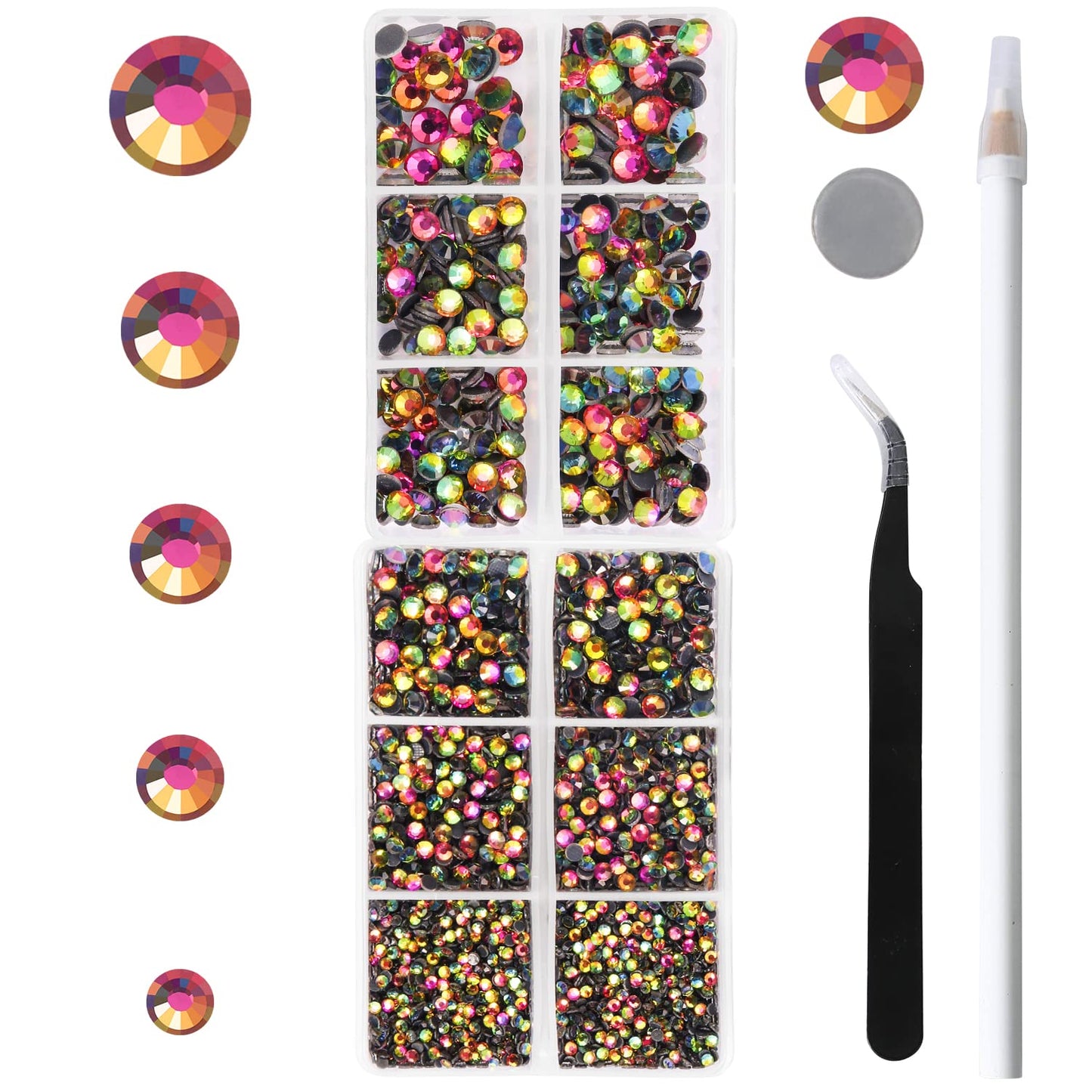 MEIBITE 6796PCS Rainbow Hotfix Rhinestones Crystal Stones Glass for Fabric Clothes Shirts Sparkly Flat Back Round with Tweezers and Picking Pen (SS6~SS30 Set)