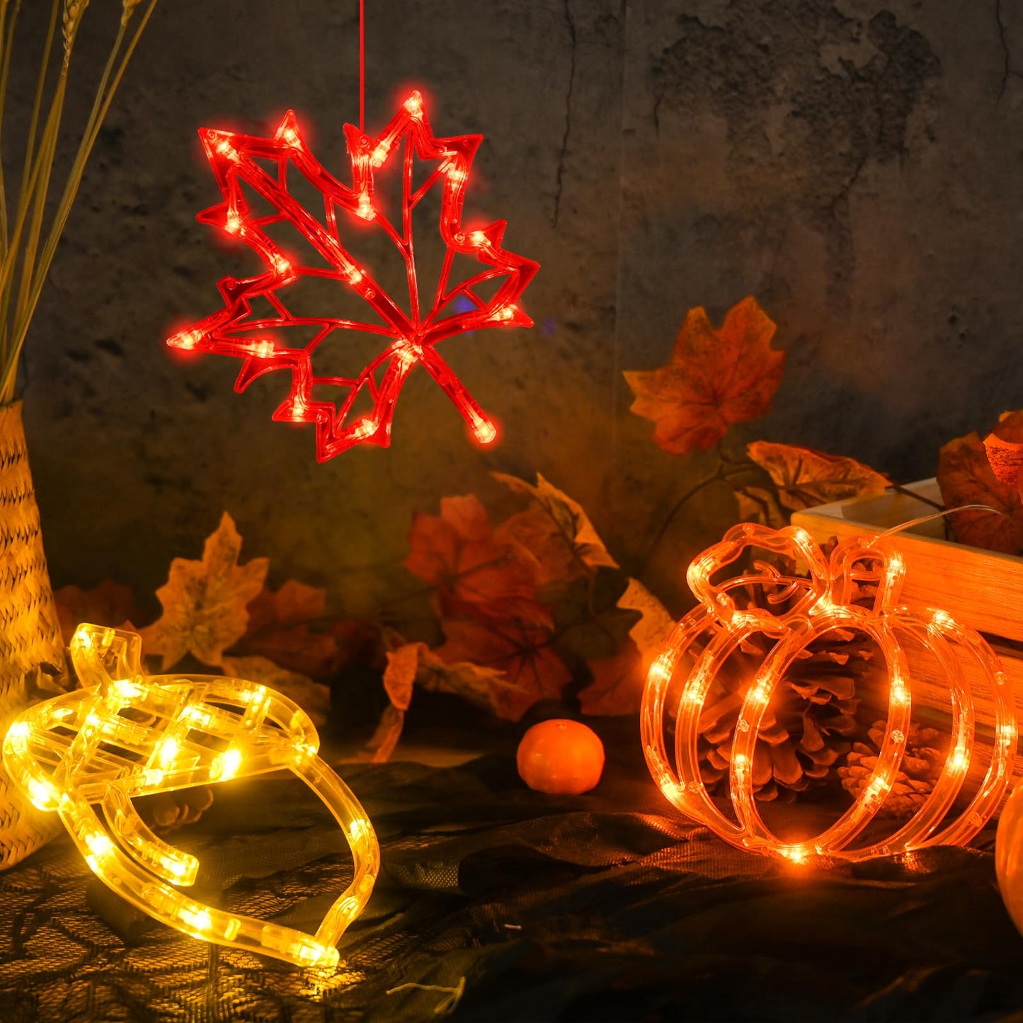 Fall Decor Window Lights 2025 Thanksgiving Decorations Acorn Maple Leaves Pumpkin LED Lights with Suction Cups Battery Operated(Exclusive) Slow Fade Mode Timer Autumn Decorations for Home