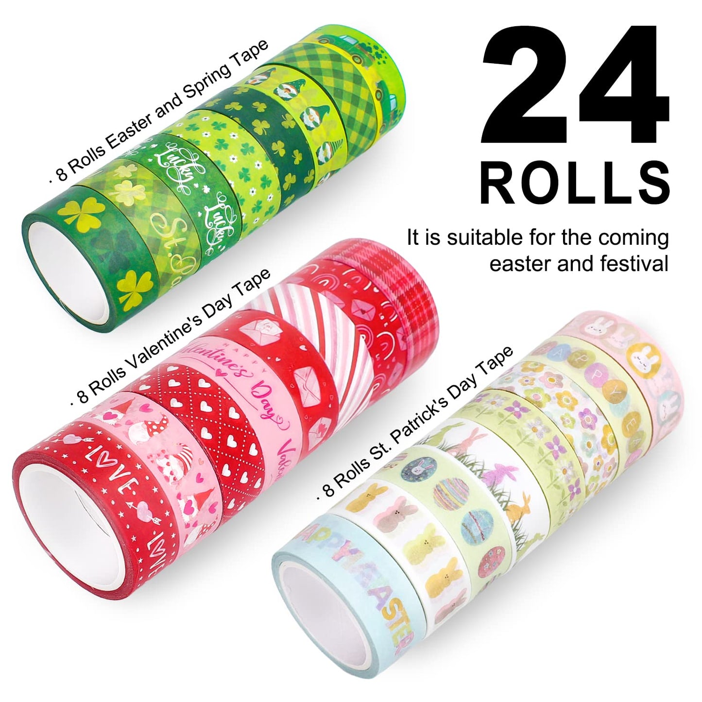24 Rolls Holiday Washi Tape Set Valentine's Day Red Love Heart Masking Tape St. Patrick's Day Green Clover Happy Easter Decorative Paper Tape Stickers for Scrapbook DIY Craft, 16.4Ft