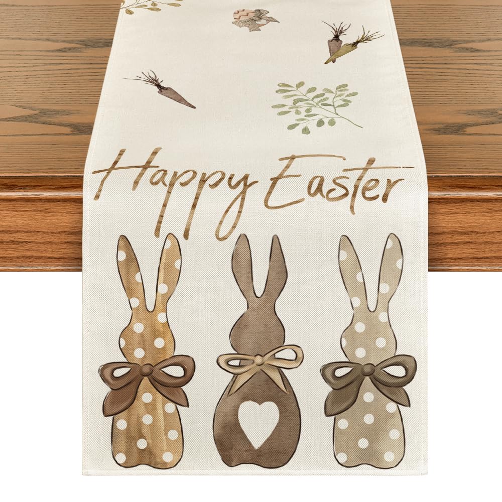 Carrots Rabbit Bunny Happy Easter Table Runner, Spring Summer Seasonal Holiday Kitchen Dining Table Decoration for Indoor Outdoor Home Party Decor 13 x 36 Inch