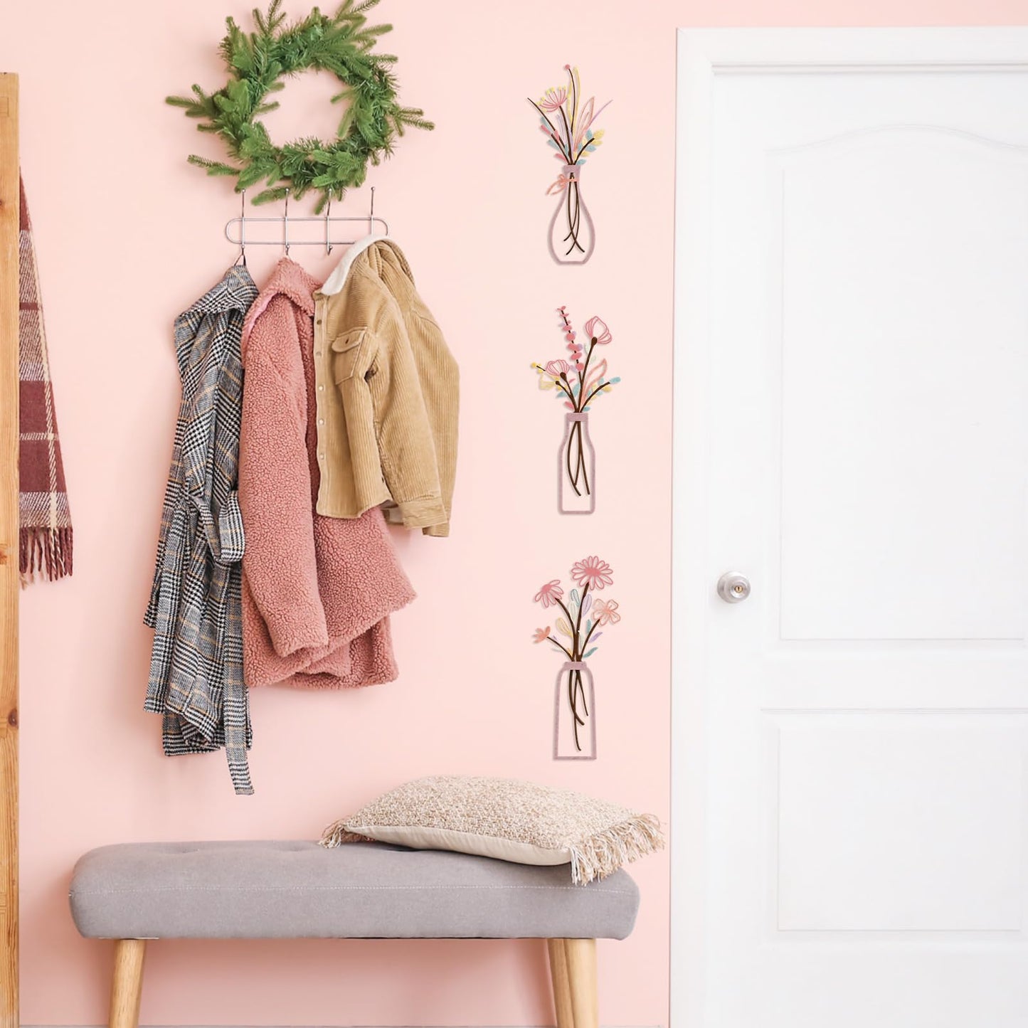 3 Pieces Metal Flowers Wall Arts - Rustic Farmhouse Style Décor Metal Wall Art Black Minimalist Flower Natural Themed Wall Decors for Home Bedroom Dining Room Housewarming (Pinkish)