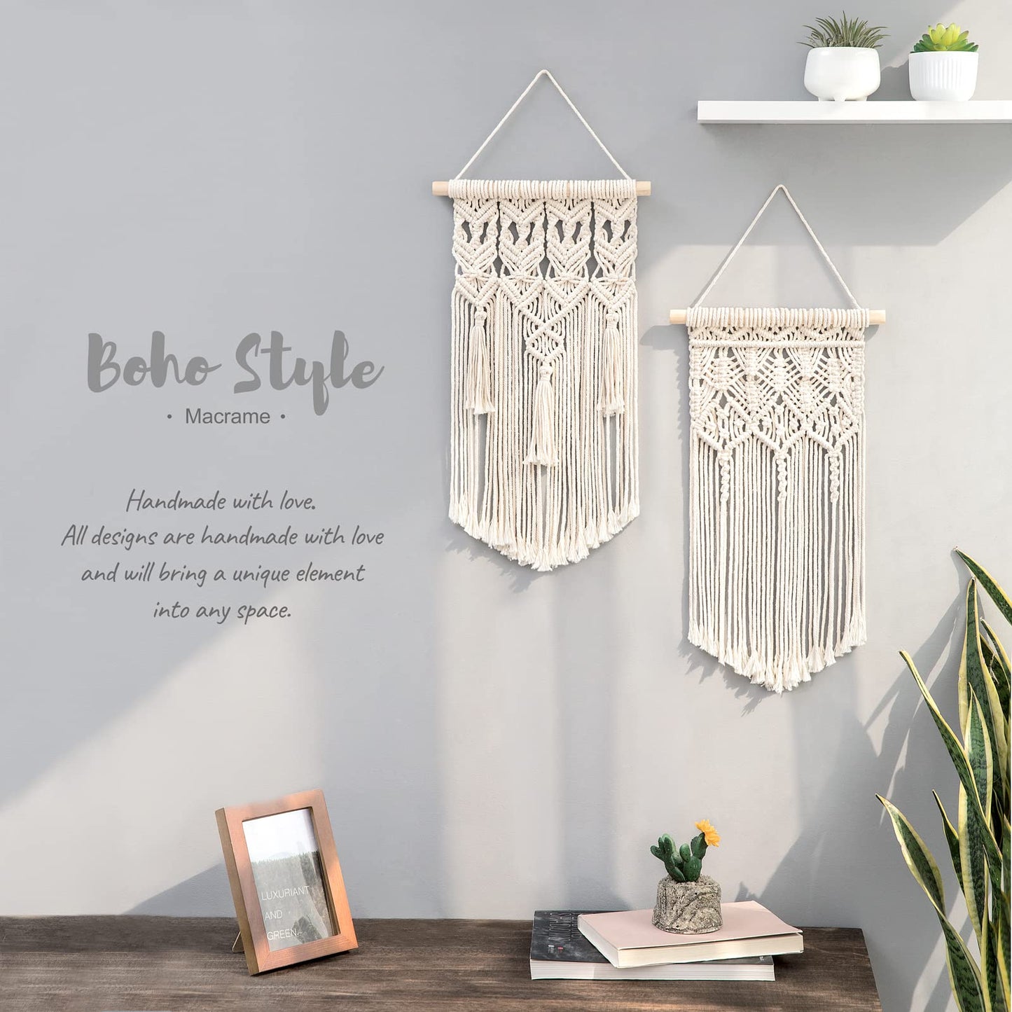 Mkono 2 Pcs Macrame Woven Wall Hanging Boho Chic Geometric Art Decor - Beautiful Bedroom Nursery Apartment Home Decoration, Gift for Girls Adults Birthday Christmas, Small Size 18" L x 9.5" W