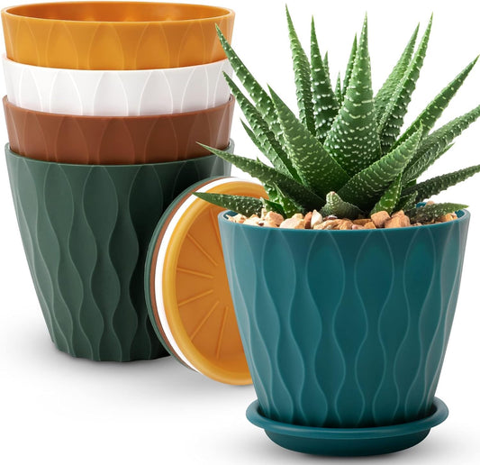 YNNICO 6 inch Plant Pots, 5 Pack Flower Pots Outdoor Indoor, Planters with Drainage Holes and Tray Saucers（Multicolor）
