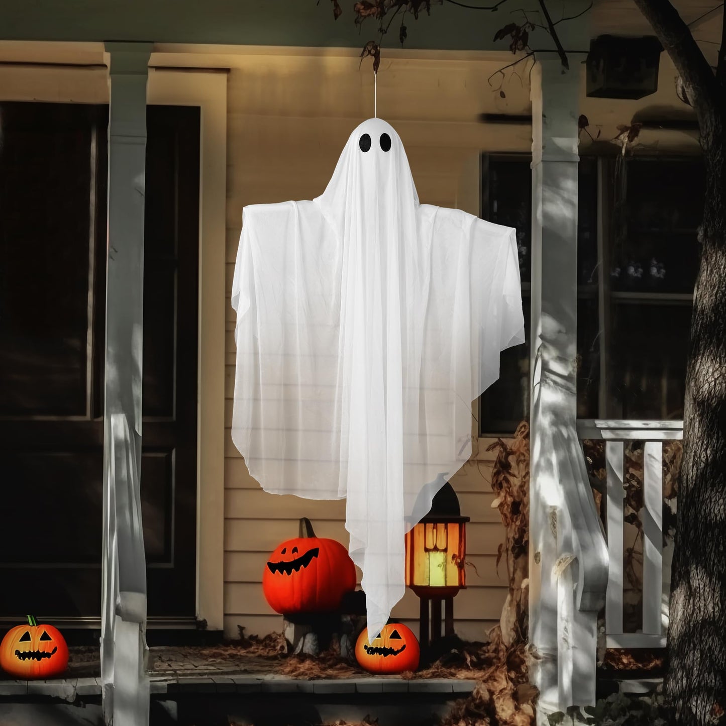 JOYIN Halloween Hanging Light up Ghost with Spooky Purple LED Light, 47” White Ghosts, Halloween Hanging Decoration for Front Yard Patio Lawn Garden Party Decor Indoor Outdoor