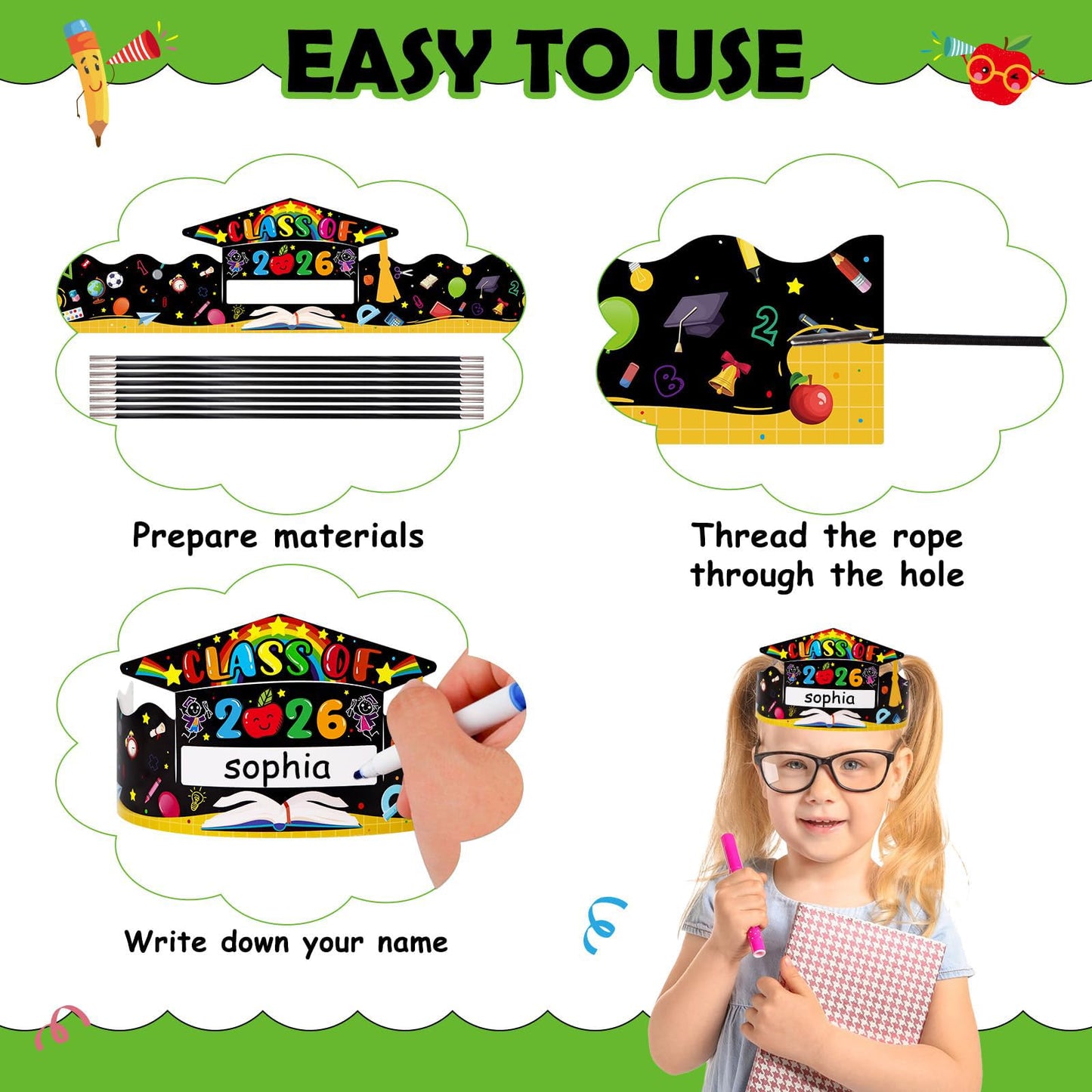 SICOHOME Kids Preschool Graduation Caps - 24 Hats Kids Pre-k Adjustable Paper Graduation Congrats Hats and Decorations for Class of 2026 Party Favors Kindergarten Student Grad