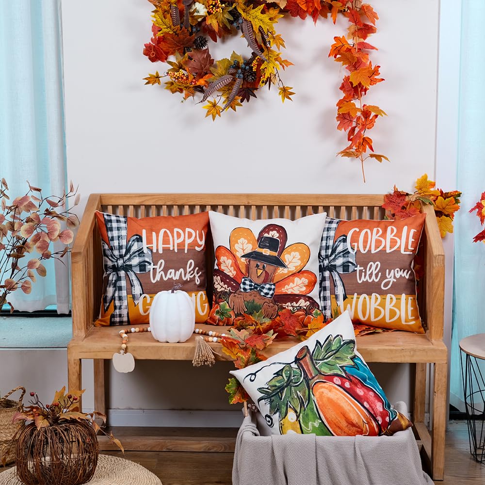 GEEORY Happy Thanksgiving Throw Pillow Covers 18x18 Inch Set of 4, Turkey Gobble Pumpkin Striped Fall Farmhouse Decorative Holiday Decoration for Home G568-18