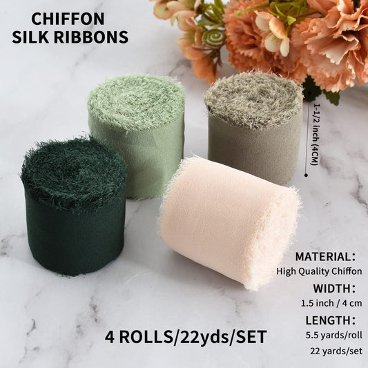 4 Rolls Silk Chiffon Ribbon, 1-1/2 Inch x 22yds, Sage Green Chiffon Ribbons Set, Handmade Fringe Silk Ribbon for Gift Wrapping Bridal Bouquets Wedding Invitations Decoration Crafts