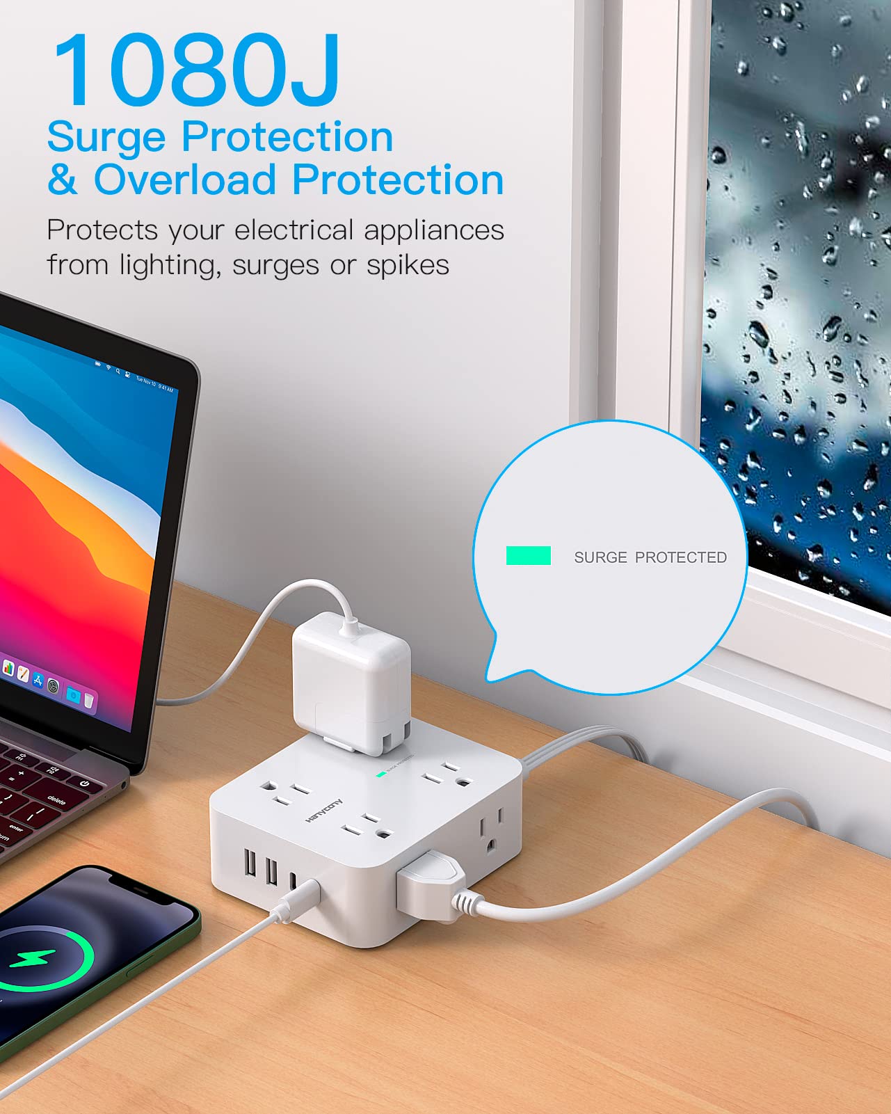 Extension Cord 10 Ft, Ultra Thin Flat Plug Power Strip Surge Protector with 8 Outlets 4 USB Ports (2 USB C), HANYCONY Outlet Extender Desk Charging Station for Home Office Dorm Room Essentials