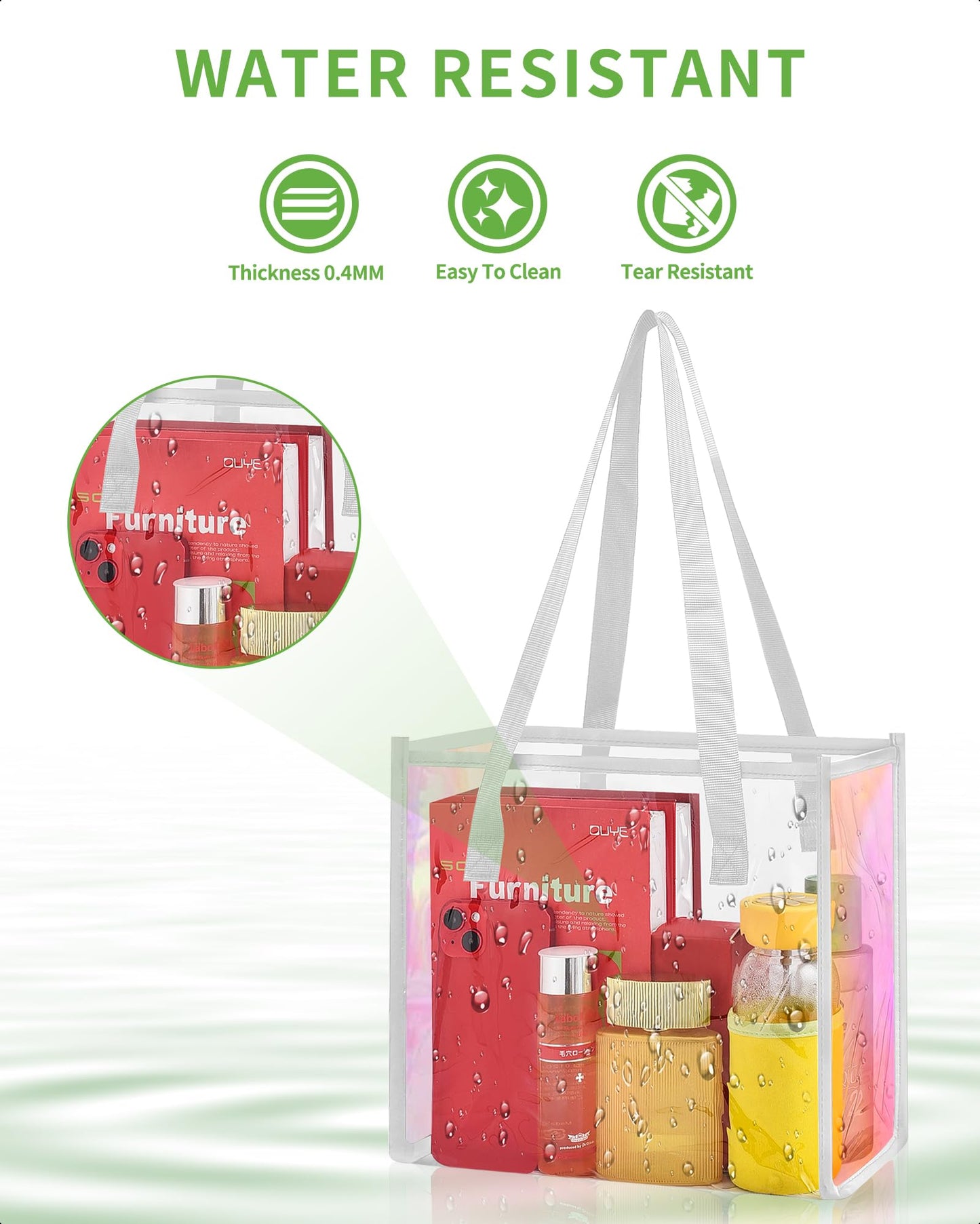 MAY TREE Clear Tote Bag Stadium Approved, Clear Beach Bag for Sports Work Security Travel Stadium Concert-White