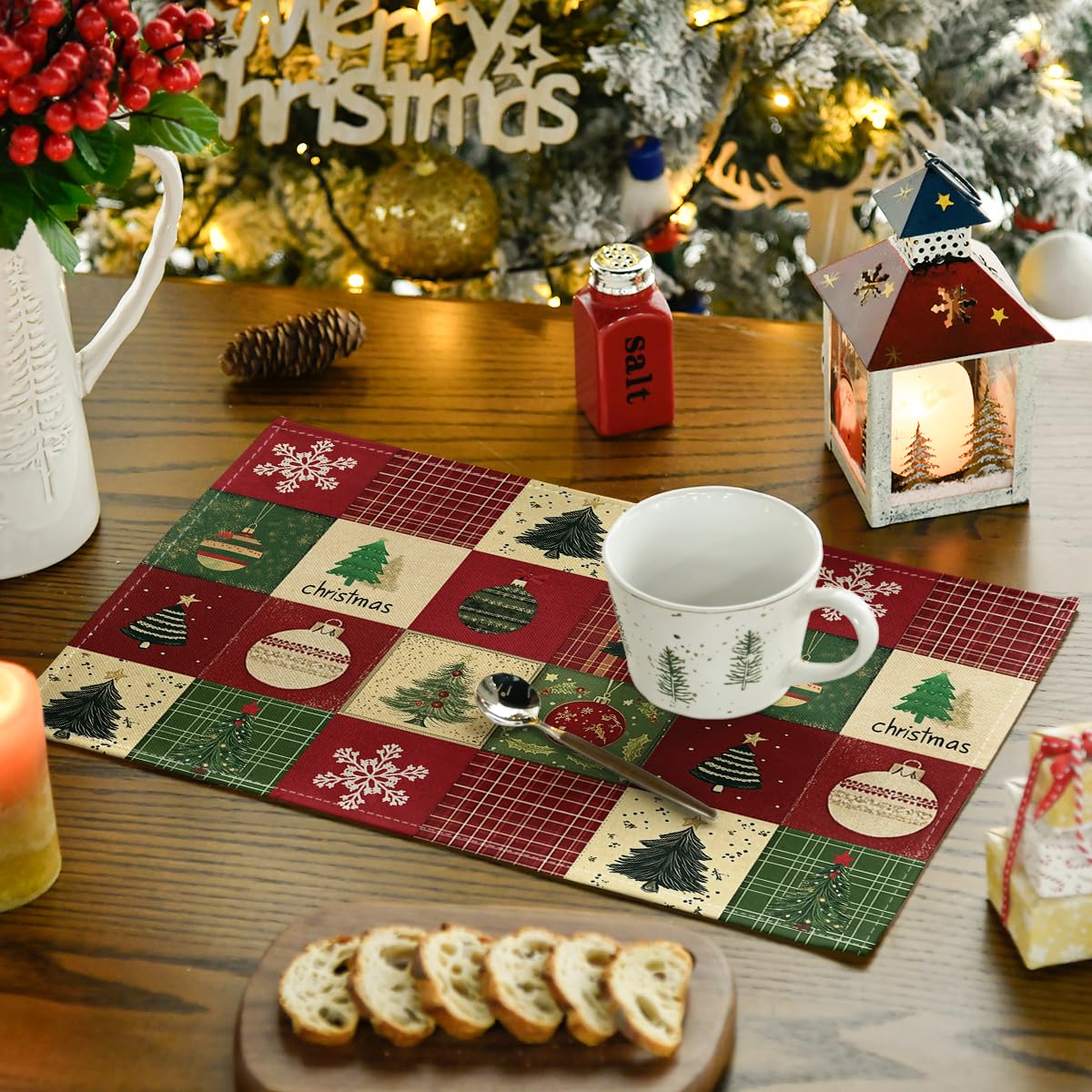 Xmas Trees Christmas Balls Placemats Set of 4, 12x18 Inch Table Mats for Winter New Year Holiday Party Kitchen Dining Decoration