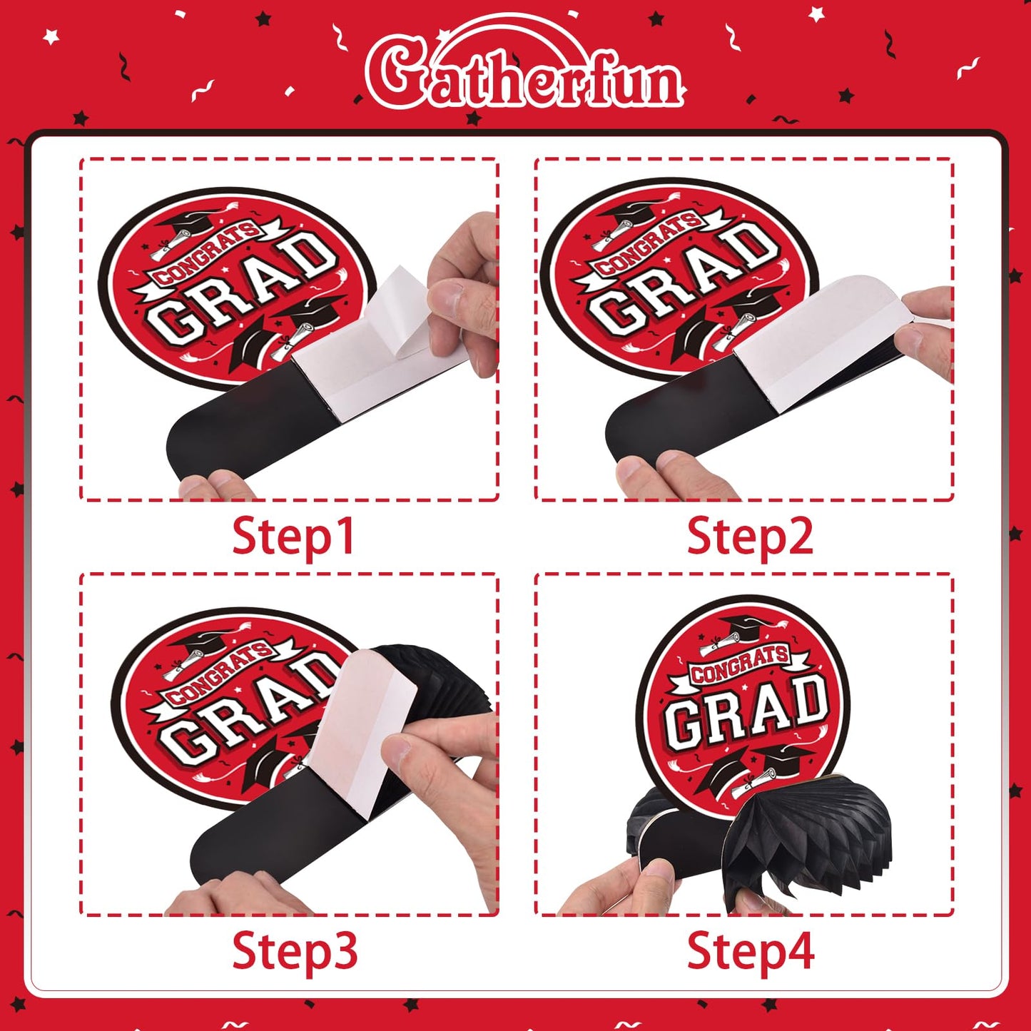9PCS Graduation Decorations 2026 Congrats Grad Table Centerpiece Congratulate Graduation Honeycomb Table Toppers for Graduation Party Supplies(Red,Black）