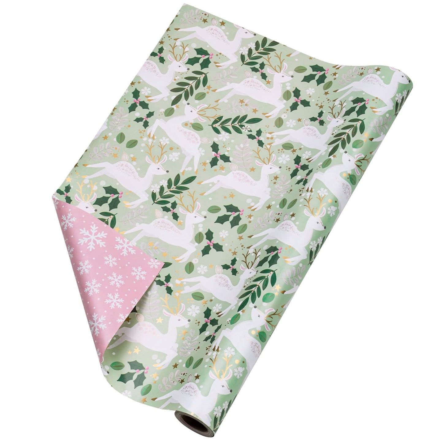 Reversible Wrapping Paper Roll - Mini Roll - Christmas White Reindeer and Snowflake Pattern Great for Christmas, Party, Holiday - 17.5 Inches X 32.8 Feet