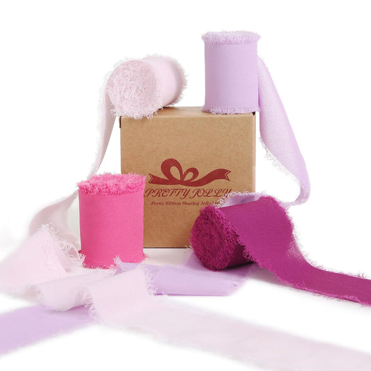 Pretty Jolly Pink Purple Chiffon Ribbon for Gift Wrapping 4 Rolls 2 Inch x 5Yd Silk Ribbons Handmade Fringe Fabric Ribbon for Flower Bouquet,Wedding Invitations,DIY Crafts and Hair Bows