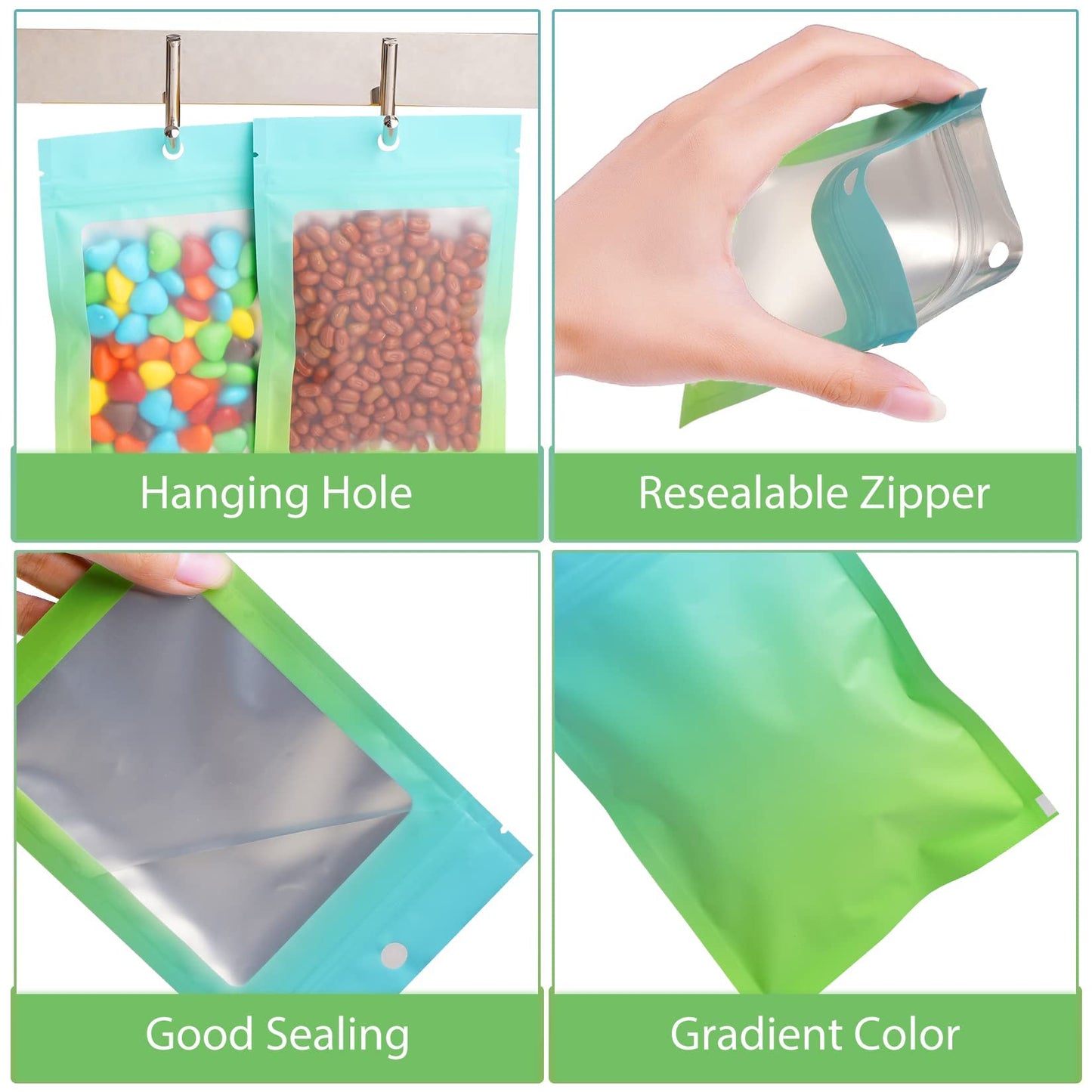 Funfery 100 Pack Smell Proof Resealable Bags for Food Storage,Cute Mylar Clear Bags for Small Business Foil Pouch Zipper Packaging Bag for Sample Jewelry Eyelash Gloss(Blue Green,2.7X3.9in)
