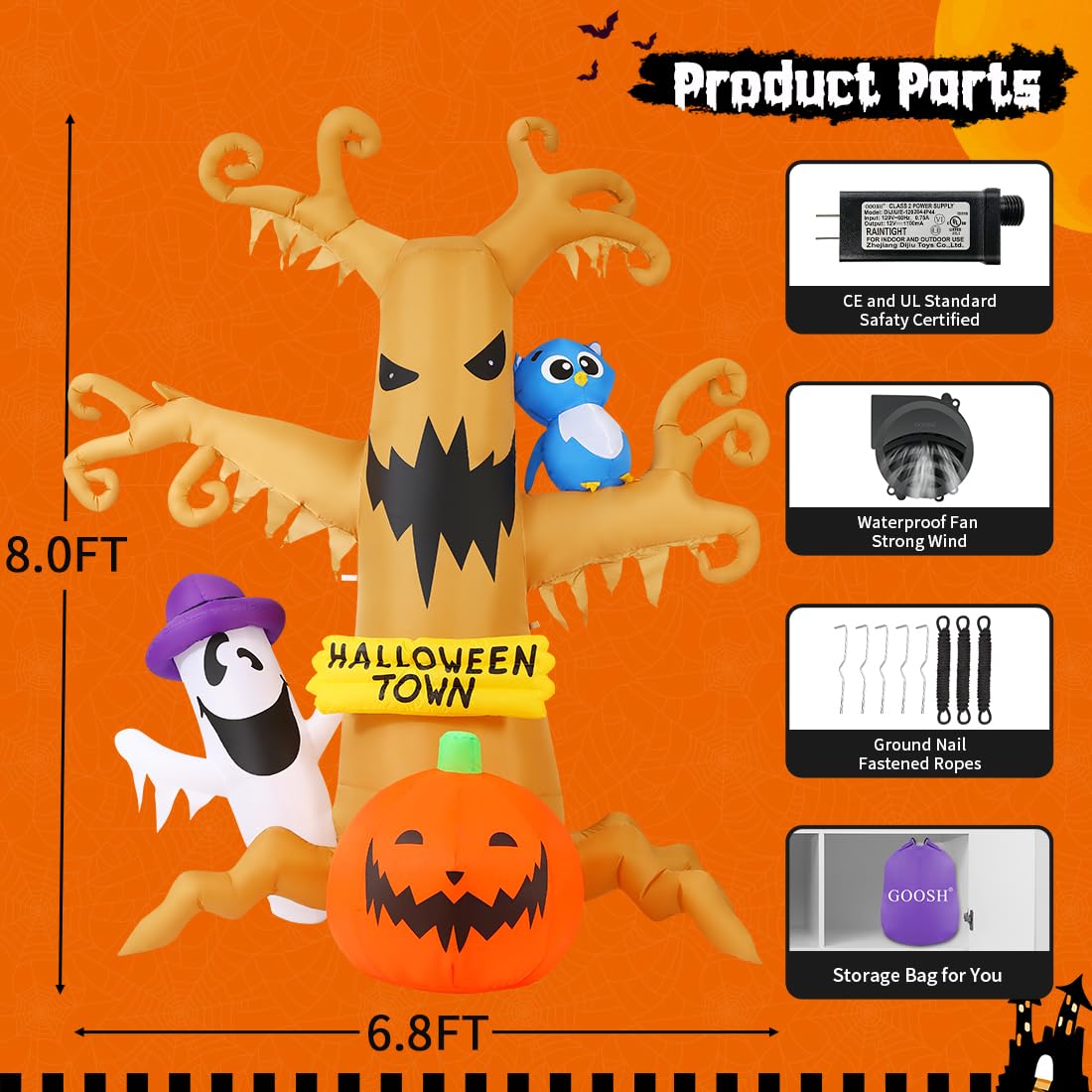 GOOSH 8 FT Halloween Inflatables Dead Tree Outdoor Decorations with Owl Ghosts and Pumpkins, Blow Up Yard Decorations with Built-in LED Lights for Outdoor Party Garden Lawn Decor