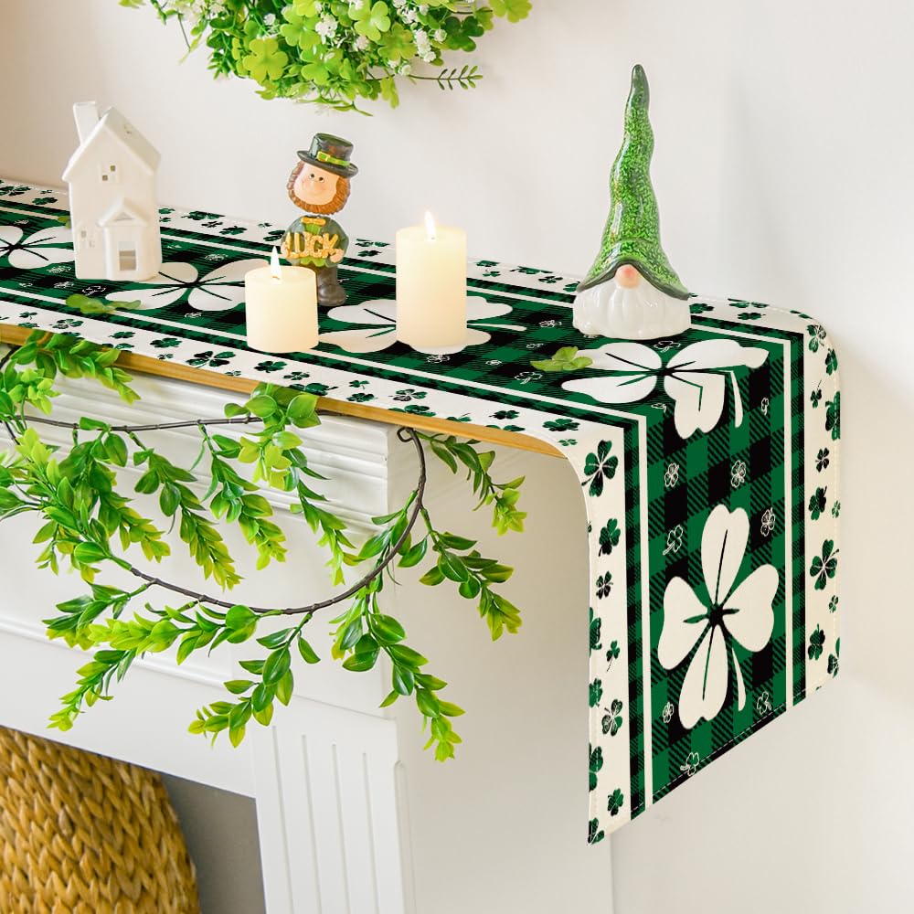 Green Clover Buffalo Plaid Shamrocks St.Patrick's Day Table Runner, Seasonal Kitchen Dining Table Decoration for Indoor Home Party 13x72 Inch
