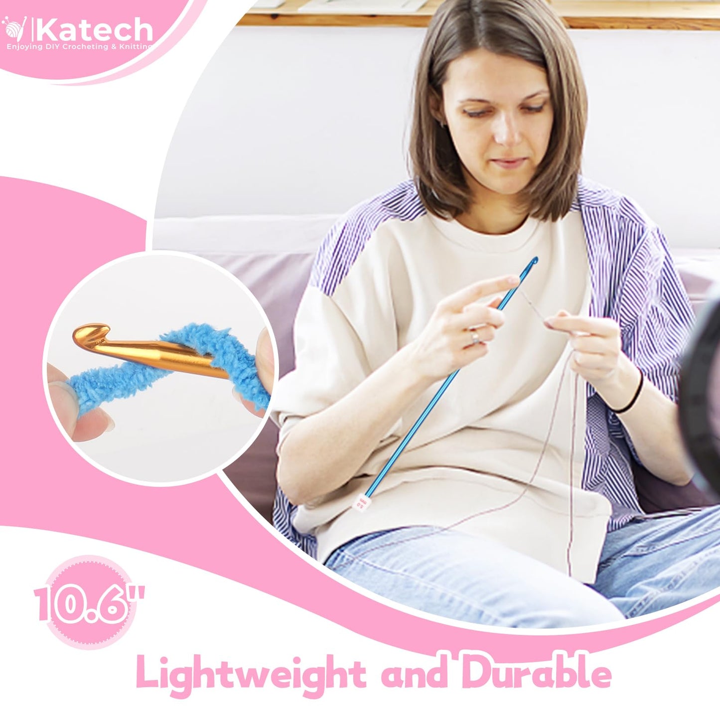 Katech 6 Sizes Tunisian Crochet Hooks Set-Long Afghan Tunisian Crochet Hooks-Beginners Crochet Hook Set Aluminum Crochet Needles for Crocheting Knitting Crochet Supplies (Stitches Won't Slip Off)