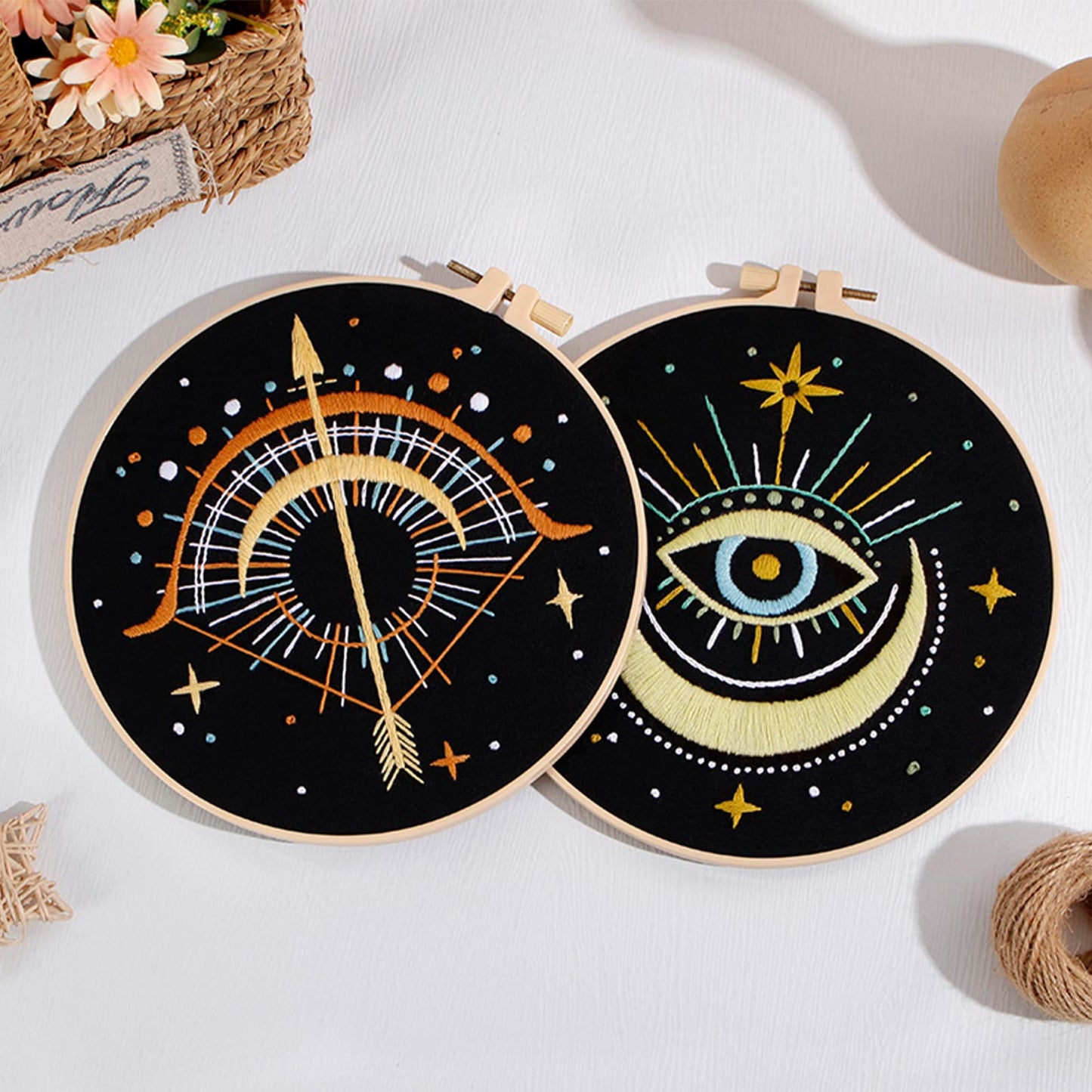 Louise Maelys 3 Set Tarot Moon Embroidery Kits for Beginners with Evil Eye Pattern,Adults Starter Cross Stitch Kit DIY Needlepoint