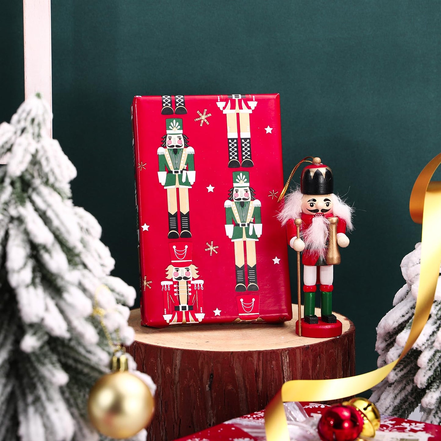 Reversible Nutcracker Christmas Wrapping Paper - Mini Roll - 17 Inch x 33 Feet - Red Nutcracker and Snowflake Wrapping Paper for Christmas, Holiday, Party