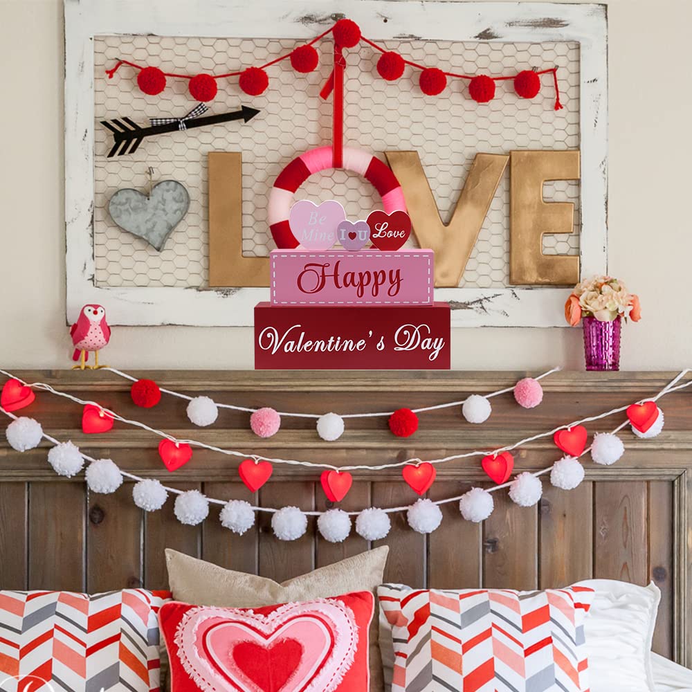 Valentines Day Decor, 3-Layered Pink Red Heart Wood Block Set Valentines Day Decoration, Happy Valentine's Day Sign Valentines Day Decorations for The Home, Living Room, Mantle, Dining Table
