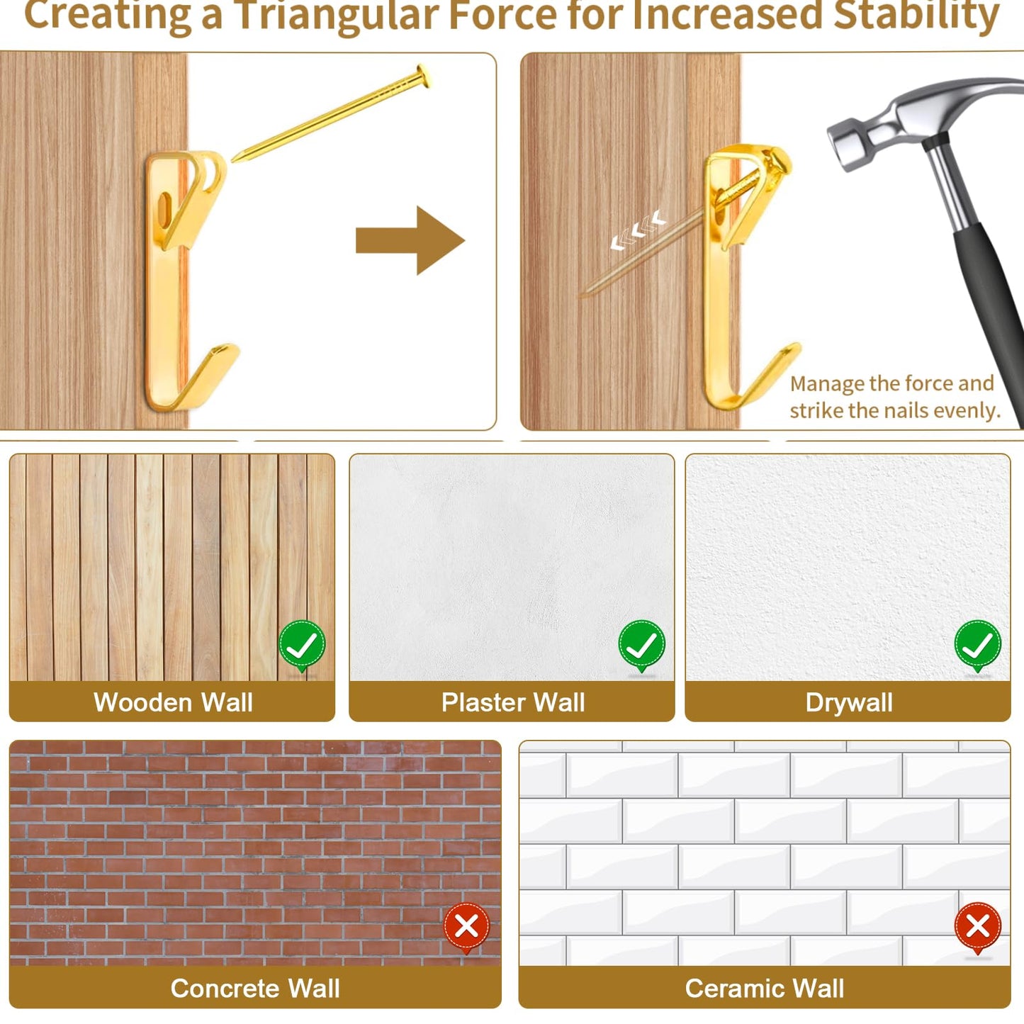 202 PCS Frame Hanger Kit, 10lb, 20lb, 30lb, 50lb&100lb Picture Hanging Hardware Kit, Picture Hanging Tool, Pcture Hangers,Picture Frame Hanging Kit, Picture Hooks for Pictures, Canvas, Mirror (Gold1)